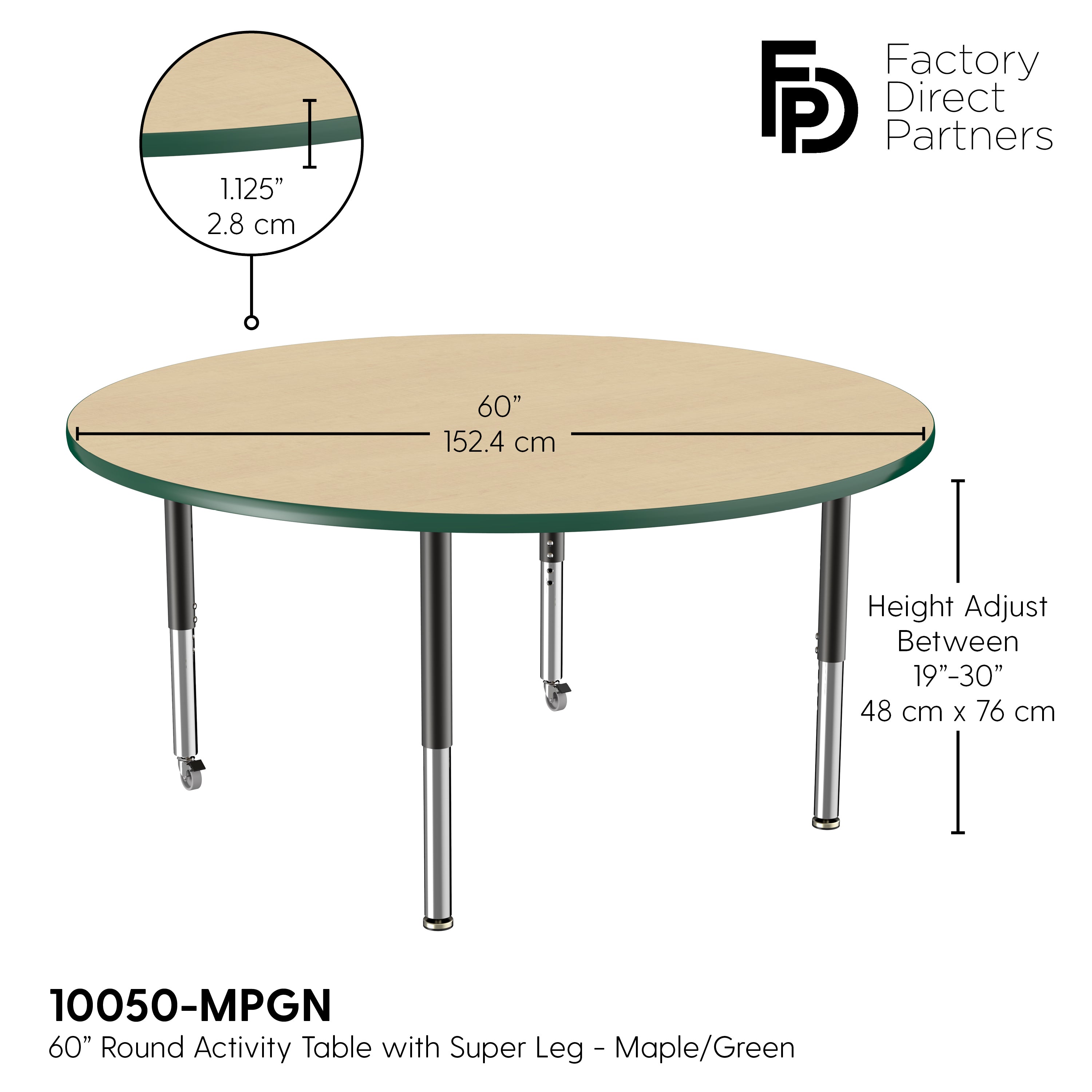 60" Round T-Molding Activity Table with Adjustable Super Legs - Maple/Green/Black
