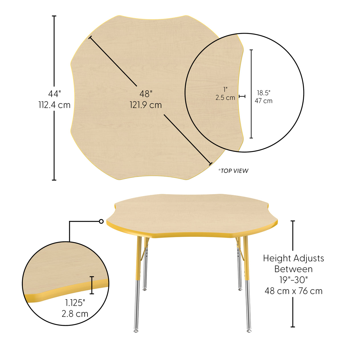 48" x 48" Clover T-Molding Activity Table with Adjustable Standard Swivel Glide Legs - Maple/Yellow
