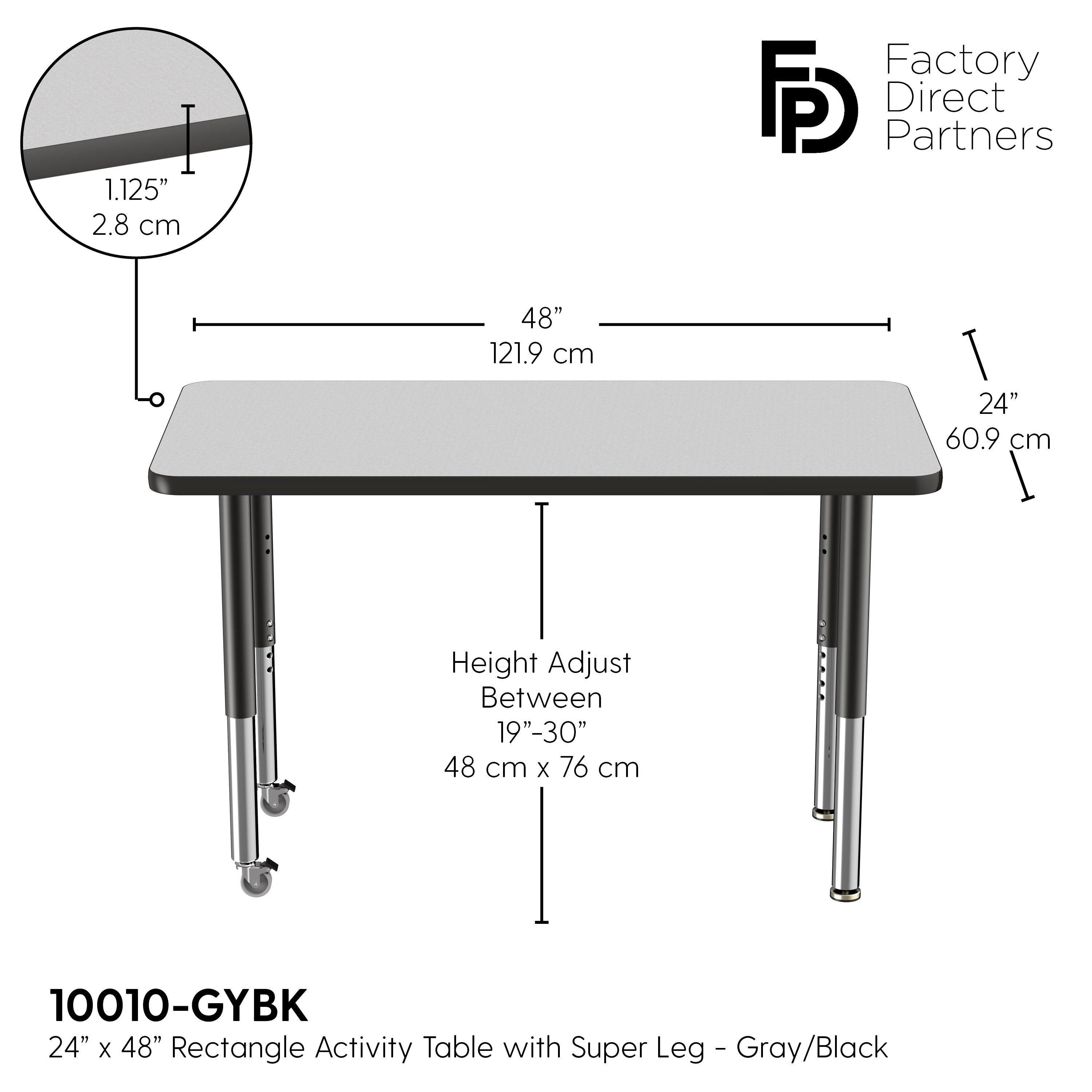 24" x 48" Rectangle T-Molding Activity Table with Adjustable Super Legs - Gray/Black