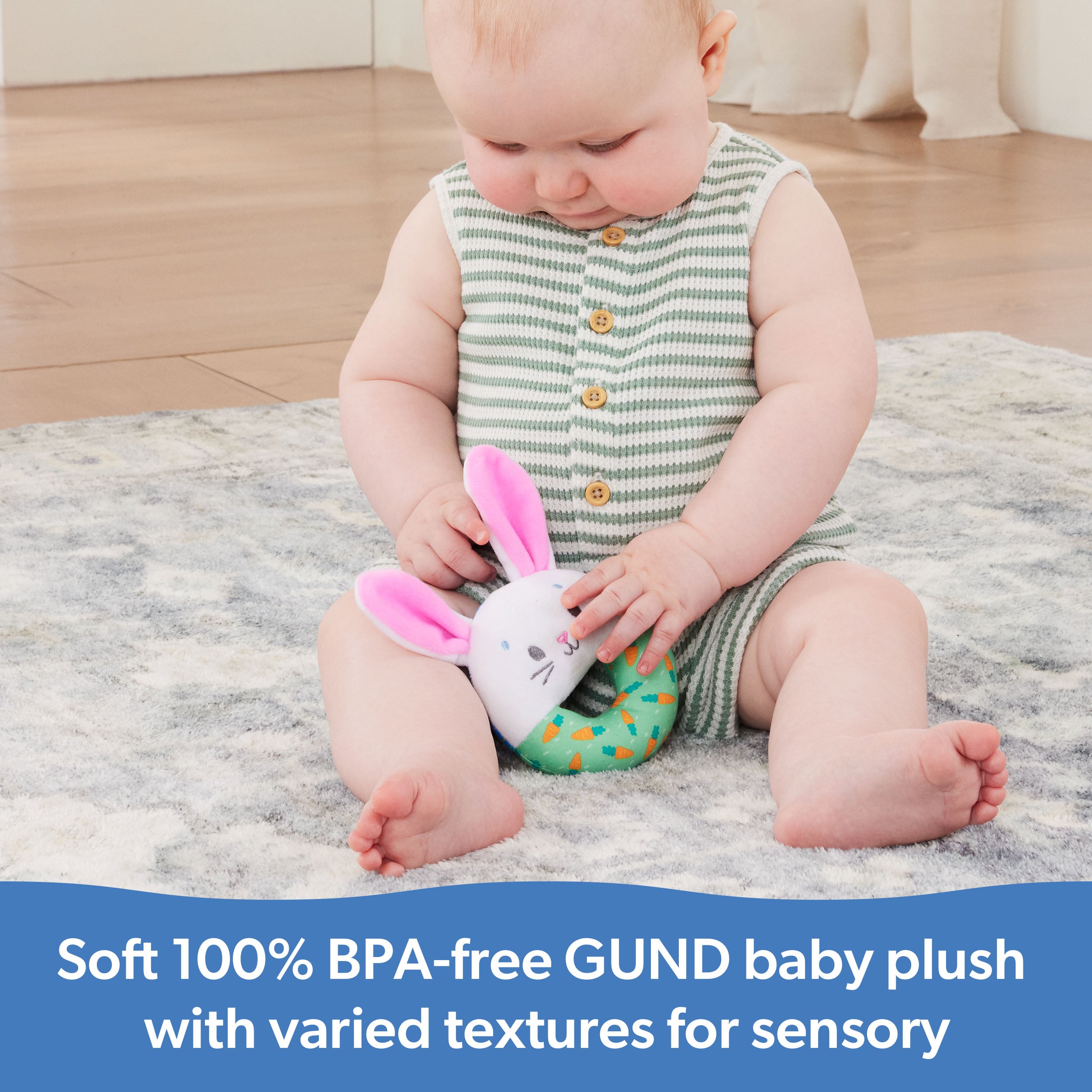 Ms. Rachel Official Hop Little Bunnies Soft Rattle Toy, Baby Teething Toys with Plush Bunny Cover, Toddler Toys for Girls & Boys for Ages 3 Months to 1+