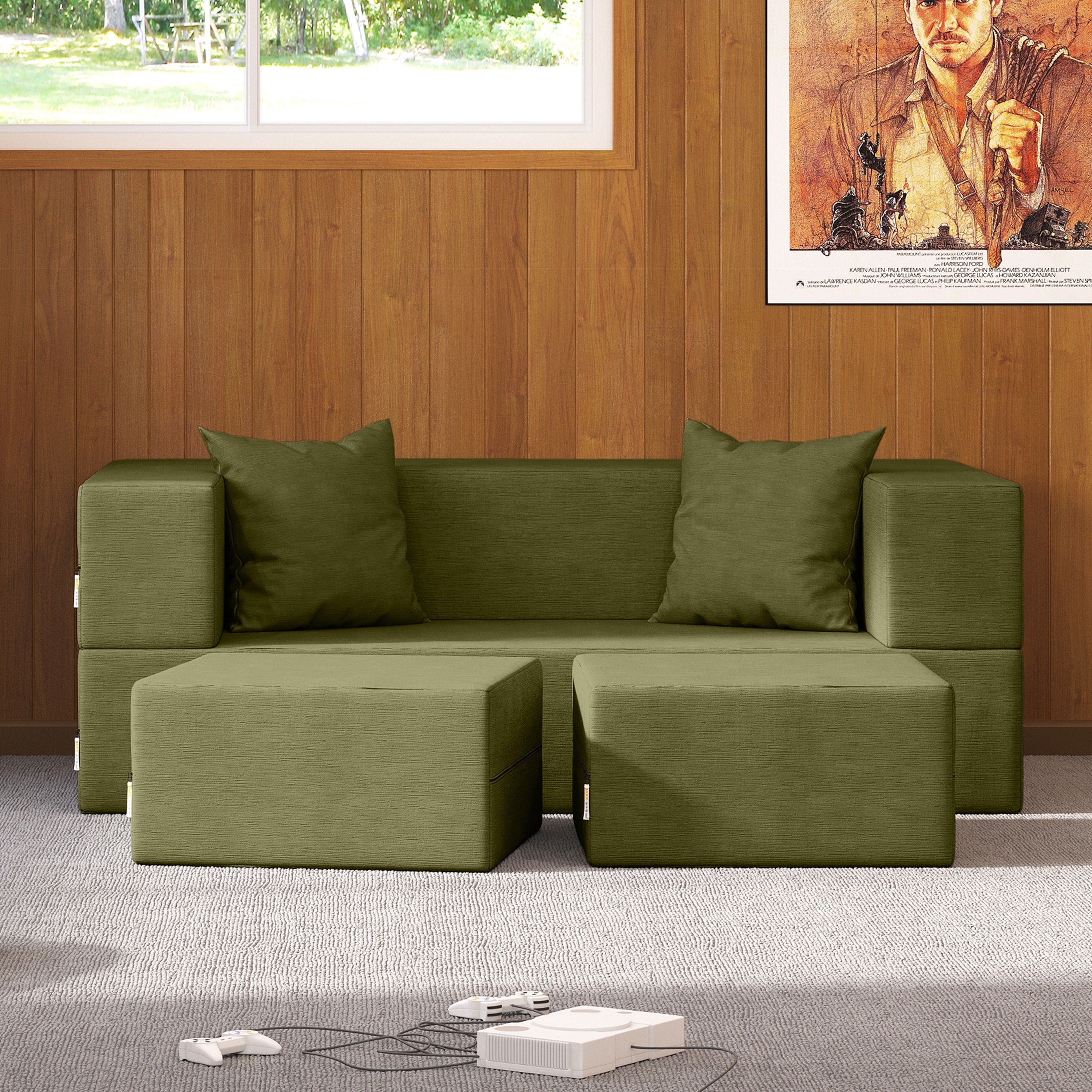 Jaxx Zipline Convertible Sleeper Loveseat & Ottomans, Textured Microvelvet - Moss