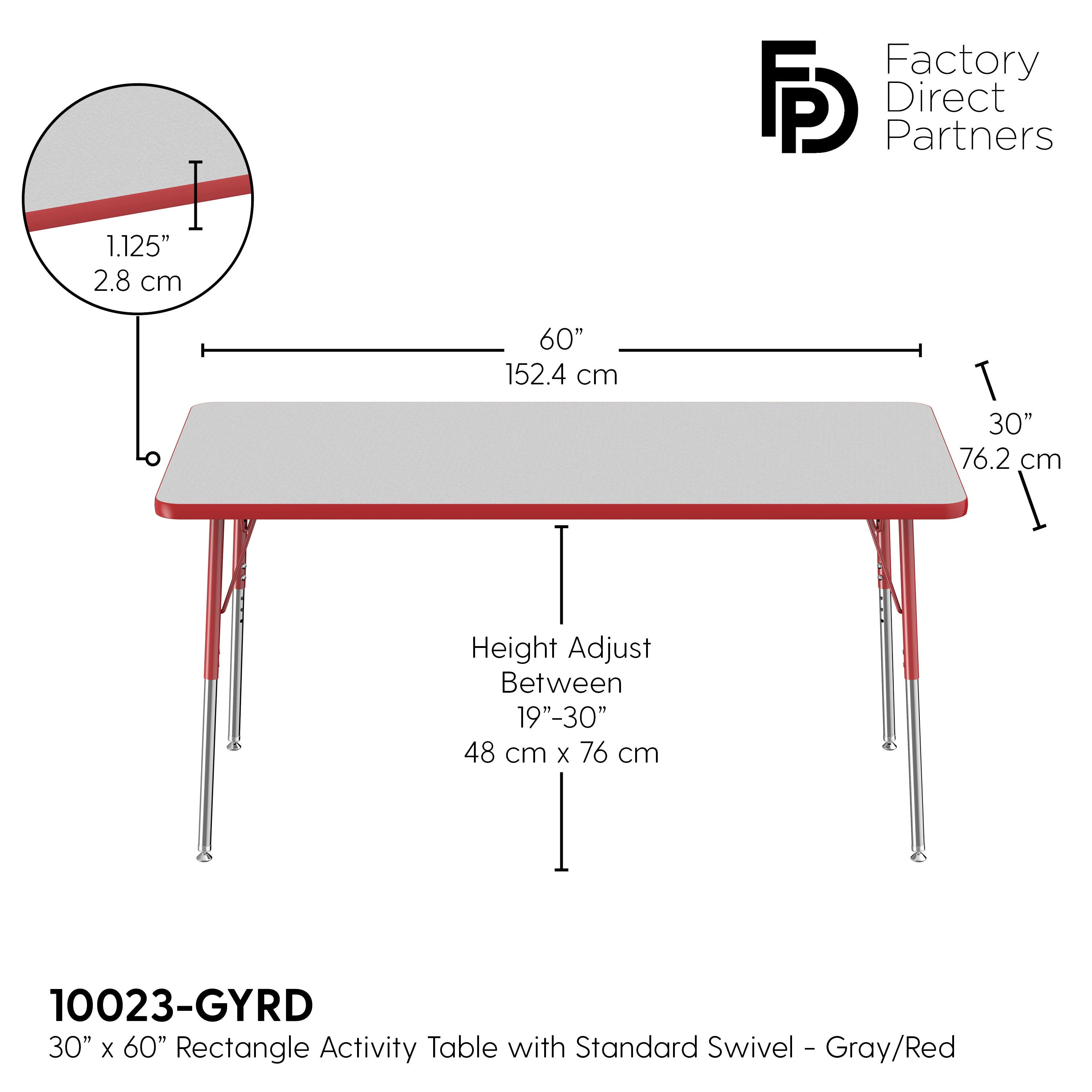 30" x 60" Rectangle T-Molding Activity Table with Adjustable Standard Swivel Glide Legs - Gray/Red