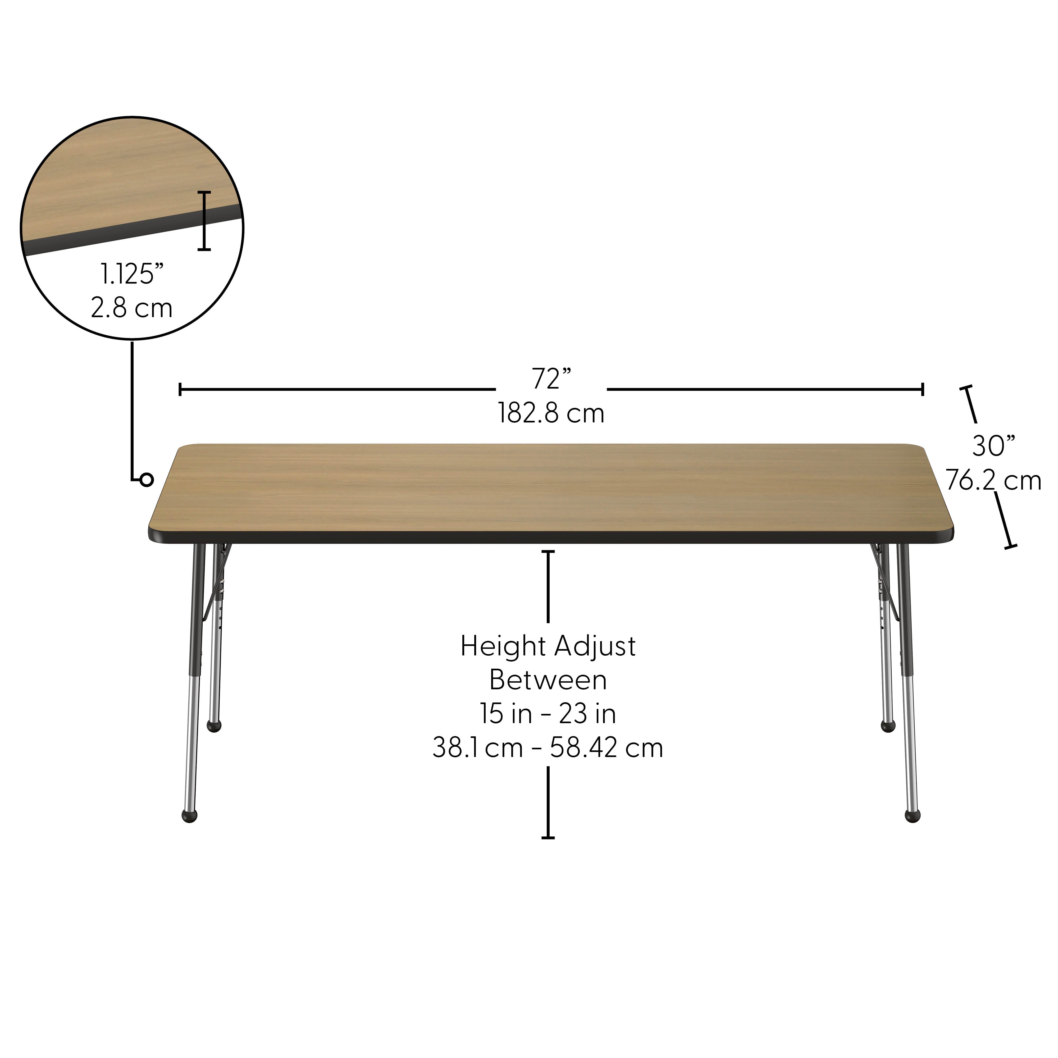 30" x 72" Rectangle Thermofused Activity Table with Adjustable Standard Ball Glide Legs - Pasadena Oak/Black