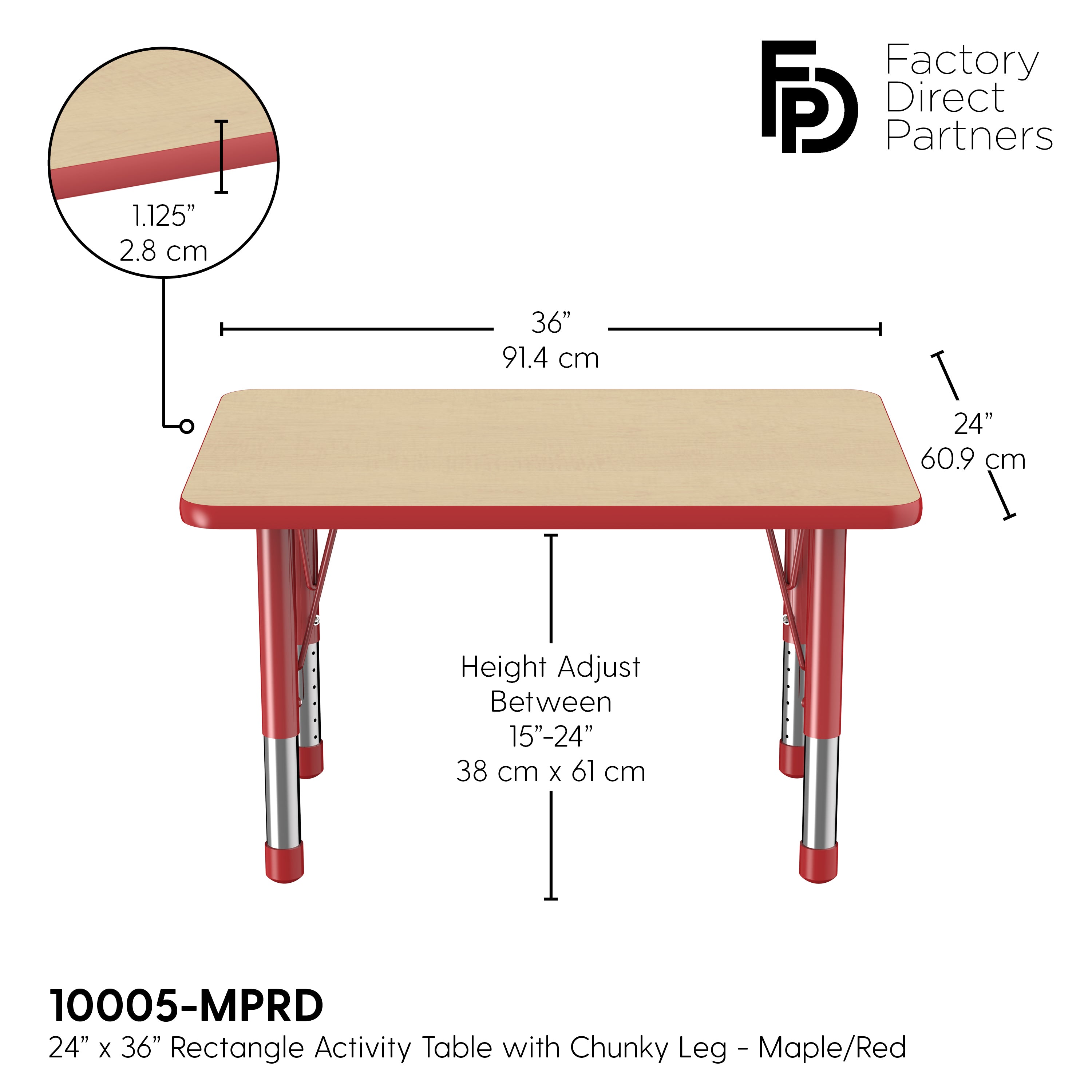 24" x 36" Rectangle T-Molding Activity Table with Adjustable Chunky Legs - Maple/Red