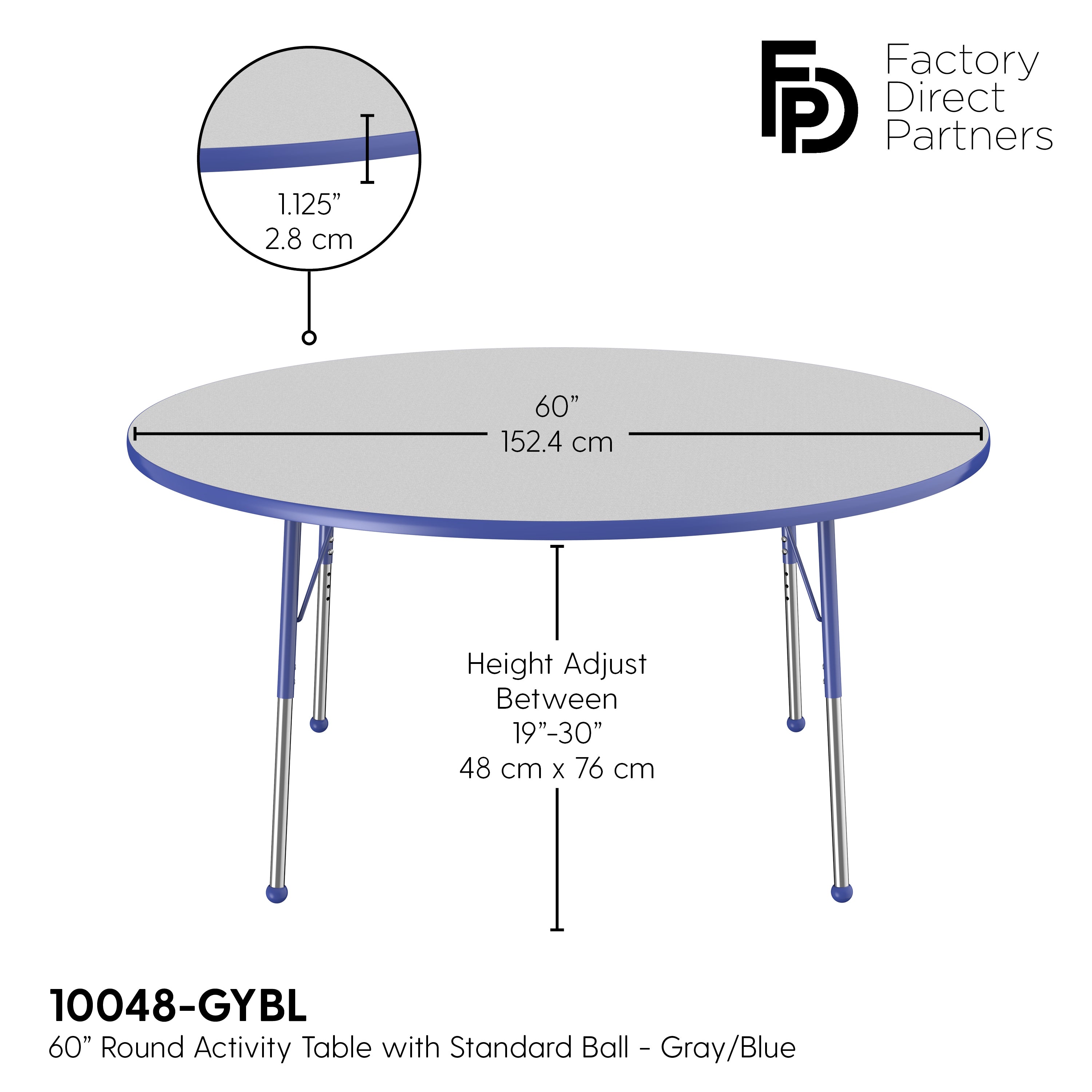 60" Round T-Molding Activity Table with Adjustable Standard Ball Glide Legs - Gray/Blue