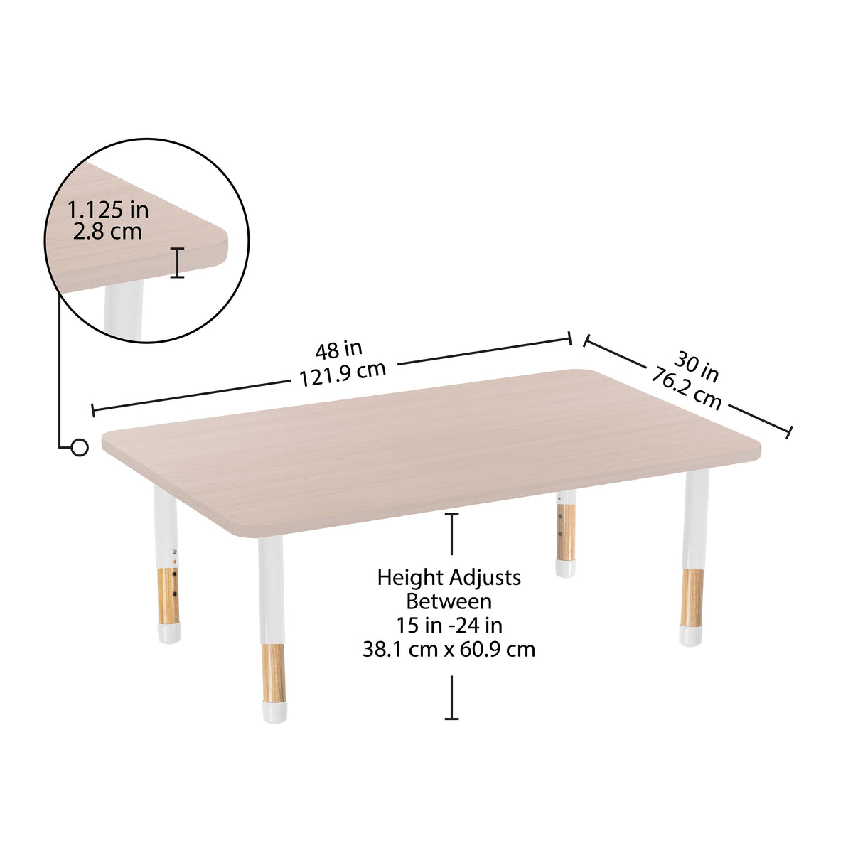 30" x 48" Rectangle Thermofused Activity Table with Adjustable Chunky Wood Legs - Asian Sand/White/Natural