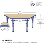 24" x 48" Trapezoid T-Molding Activity Table with Adjustable Chunky Legs - Maple/Blue
