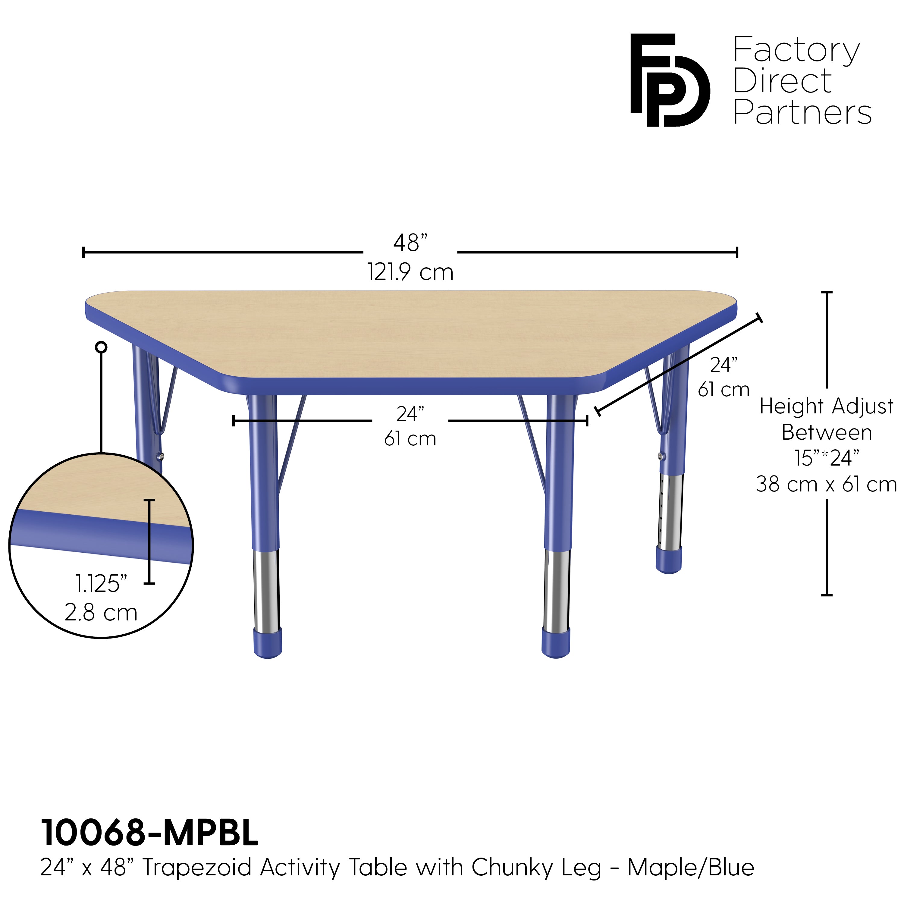 24" x 48" Trapezoid T-Molding Activity Table with Adjustable Chunky Legs - Maple/Blue