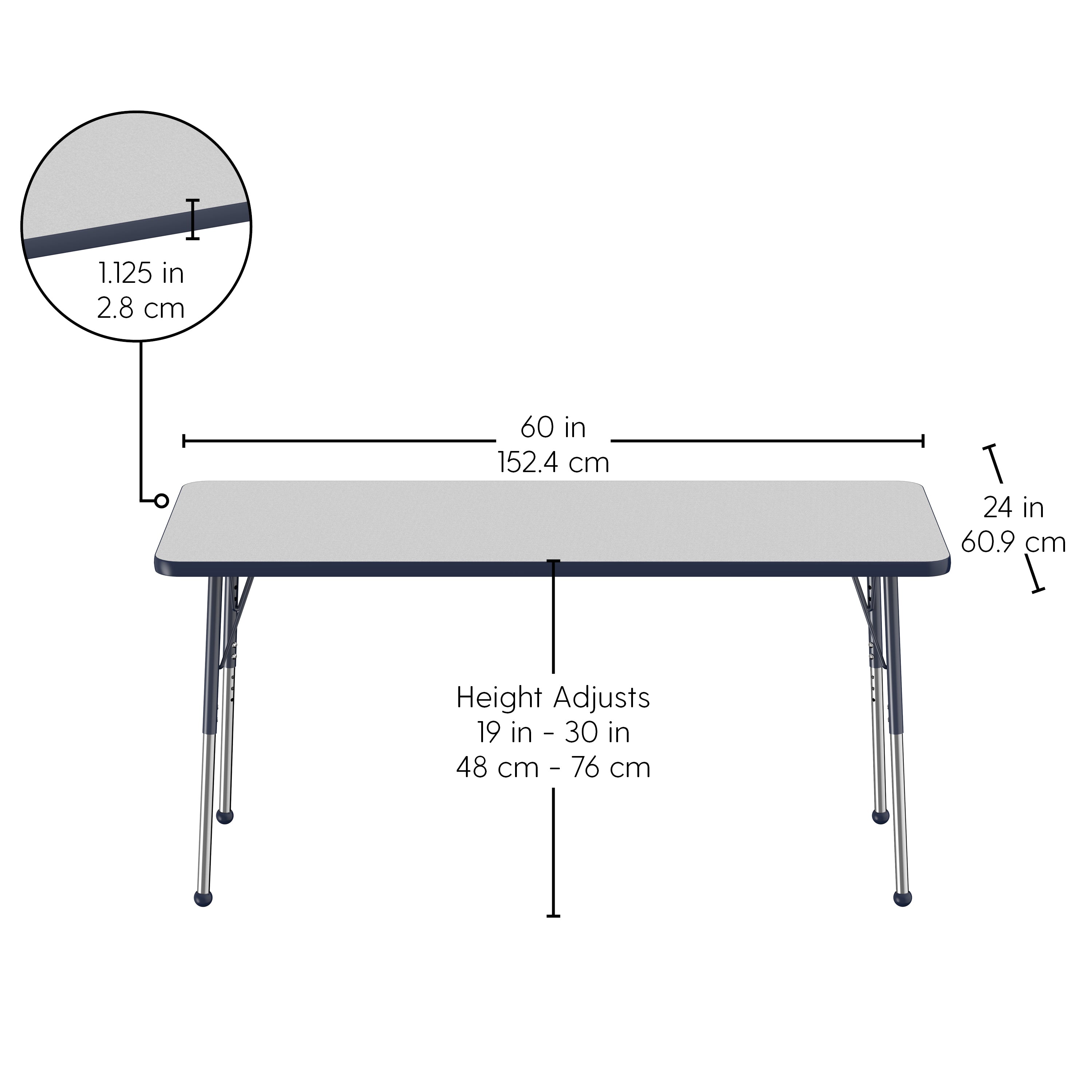 24" x 60" Rectangle T-Molding Activity Table with Adjustable Standard Ball Glide Legs - Gray/Navy
