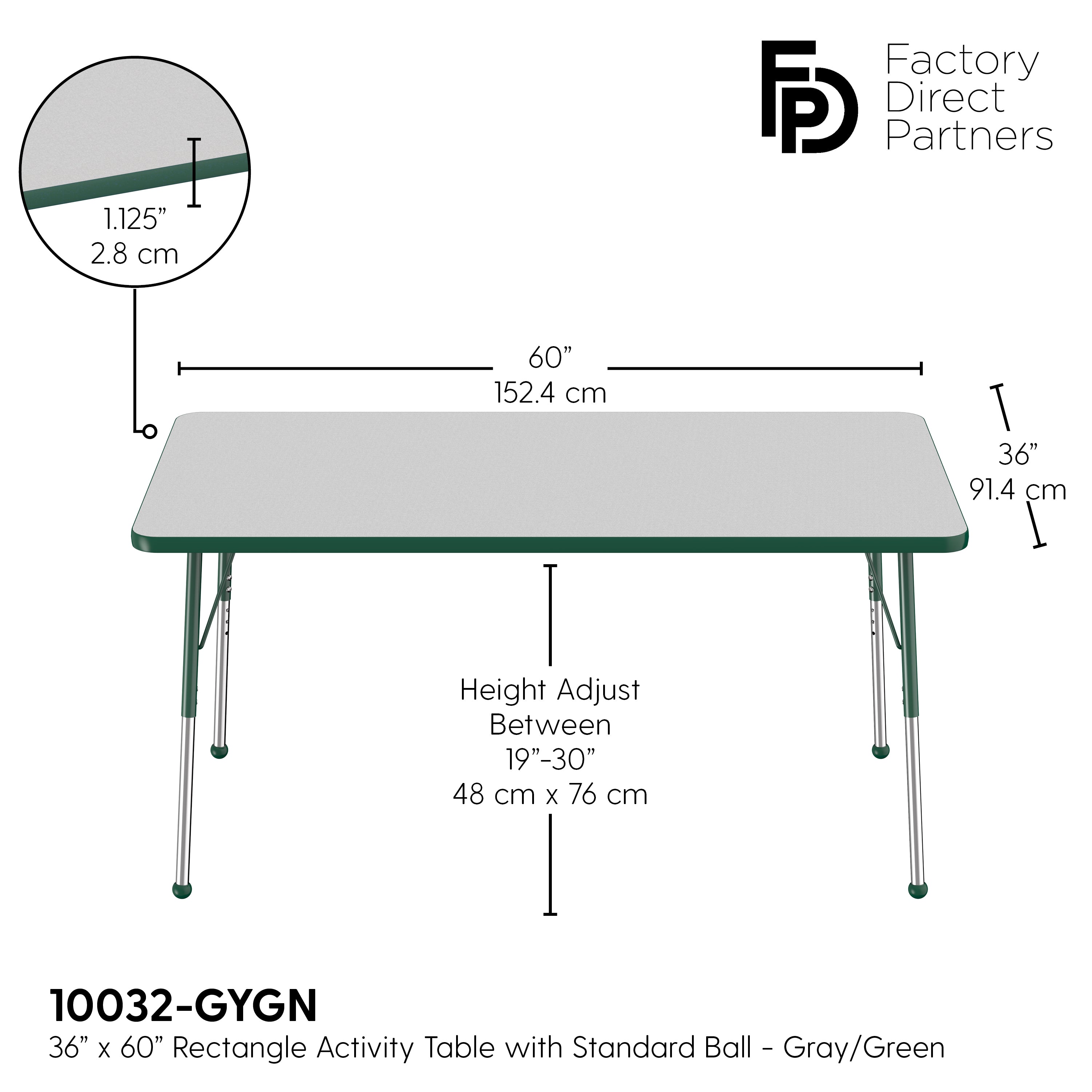 36" x 60" Rectangle T-Molding Activity Table with Adjustable Standard Ball Glide Legs - Gray/Green