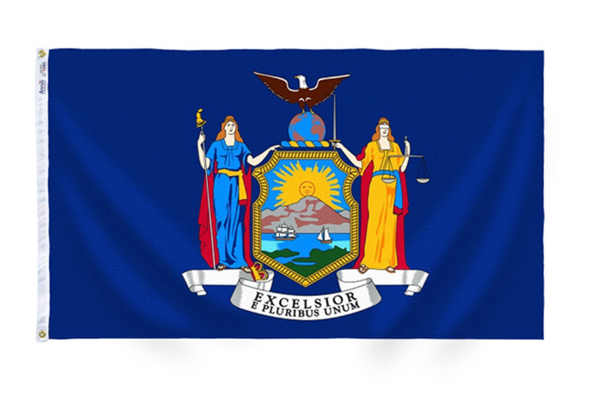 New York State Flag 4x6 ft. Nylon SolarGuard Nyl-Glo 100% Made in USA to Official State Design Specifications.
