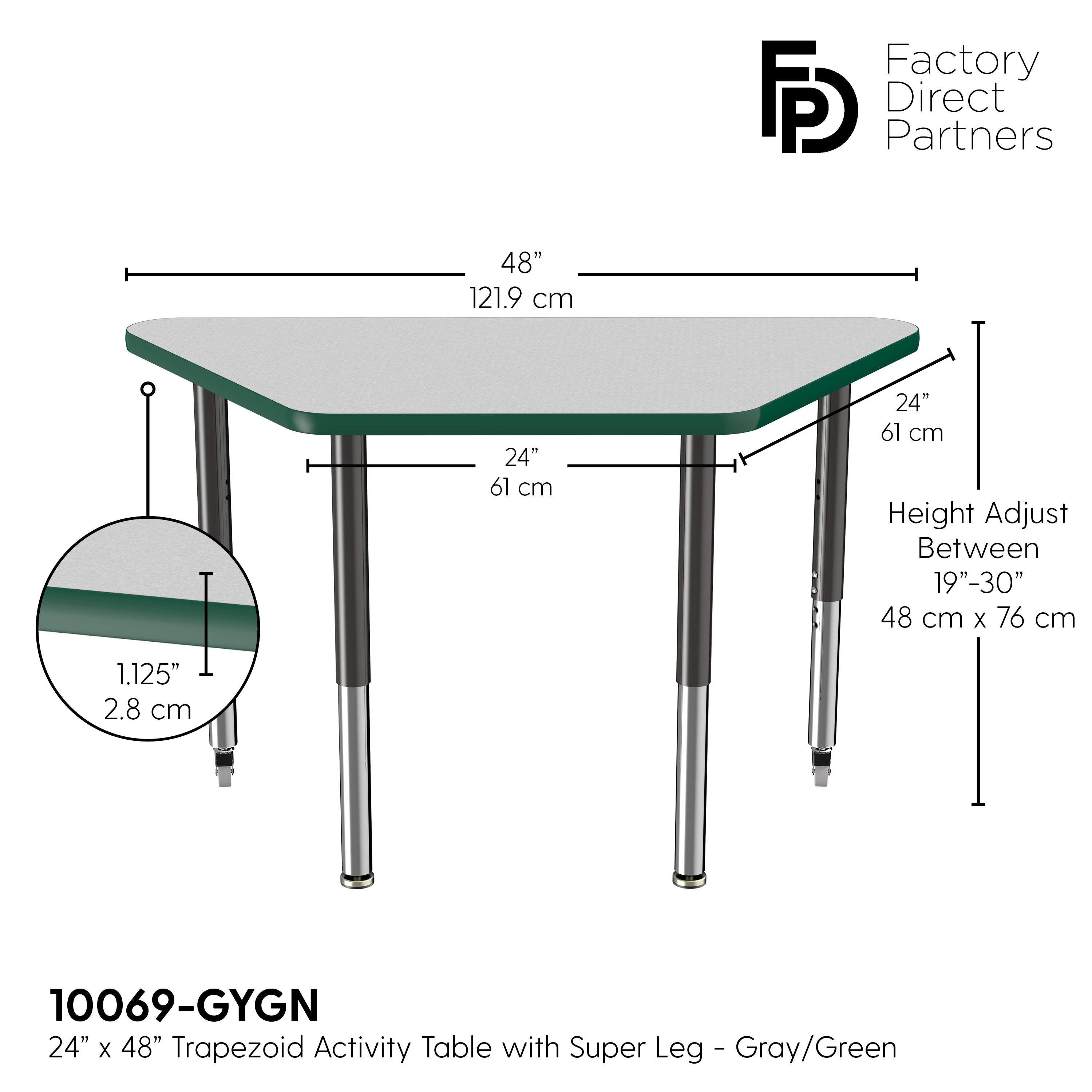24" x 48" Trapezoid T-Molding Activity Table with Adjustable Super Legs - Gray/Green/Black