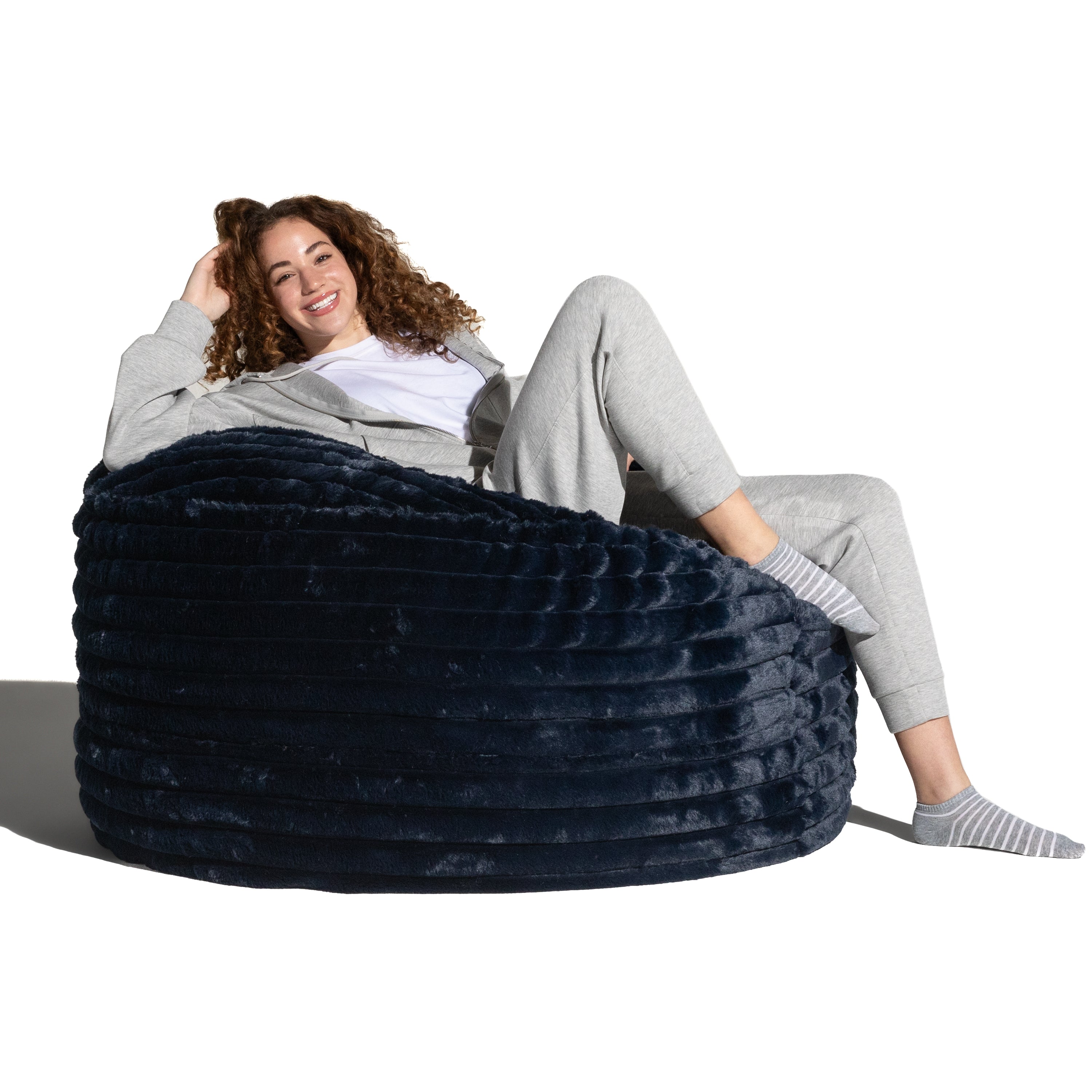 Jaxx Saxx 4ft - Large Round Bean Bag for Adults - Made in the USA - Luxuriously Soft Plush Faux Fur, Midnight Blue