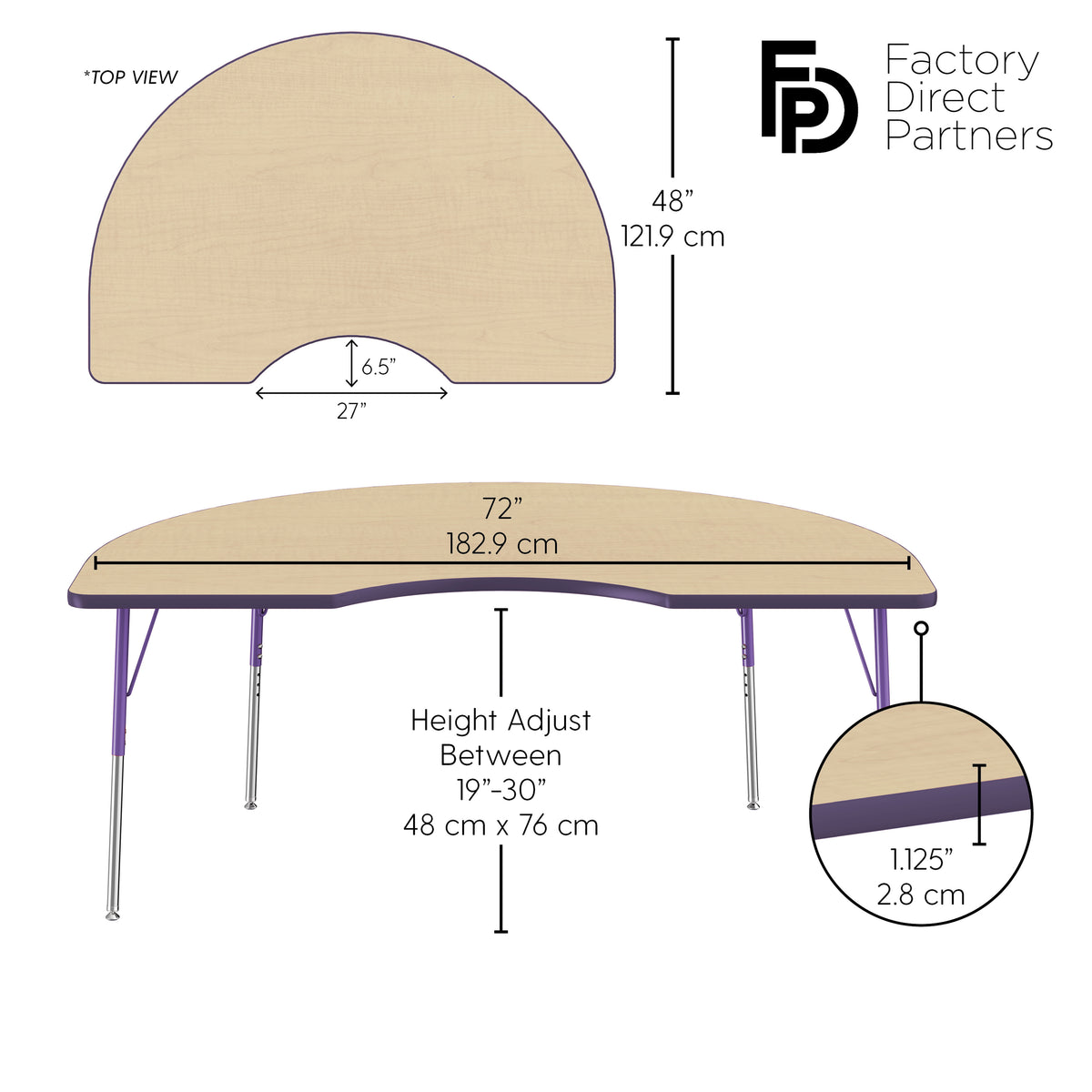 48" x 72" Kidney T-Molding Activity Table with Adjustable Standard Swivel Glide Legs - Maple/Purple