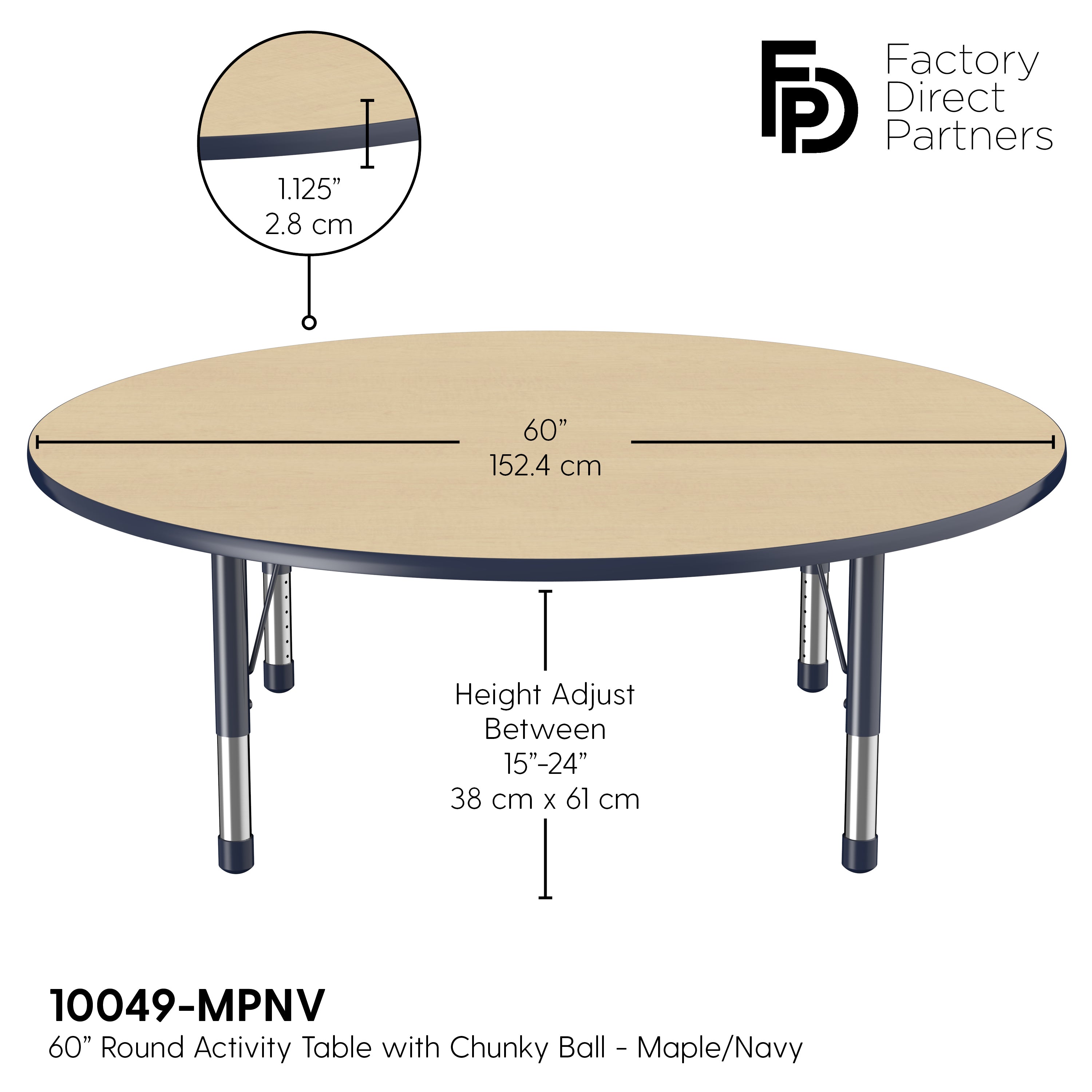 60" Round T-Molding Activity Table with Adjustable Chunky Legs - Maple/Navy
