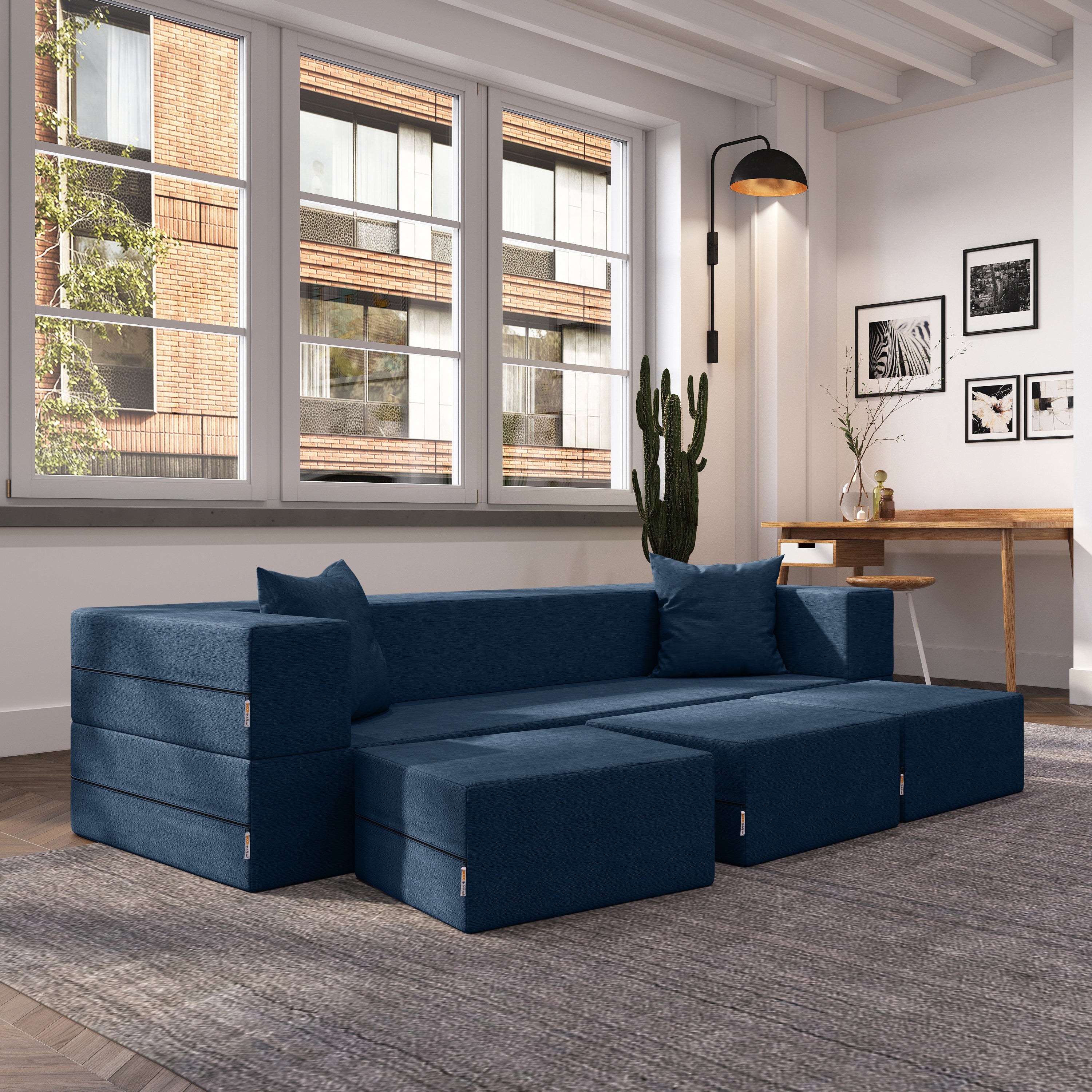 Jaxx Zipline Convertible Sleeper Sofa & Three Ottomans/California King-Size Bed, Textured Microvelvet - Indigo
