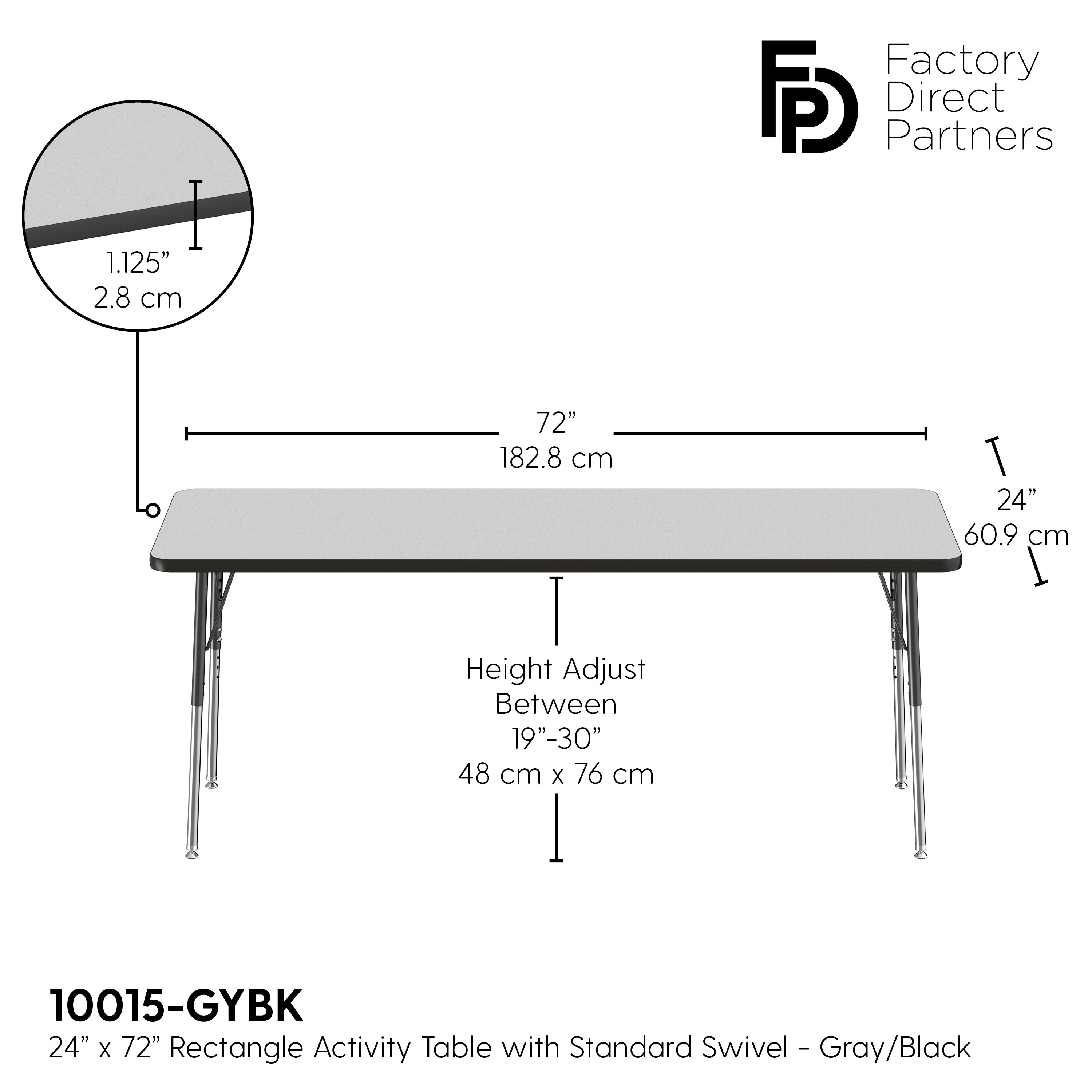 24" x 72" Rectangle T-Molding Activity Table with Adjustable Standard Swivel Glide Legs - Gray/Black