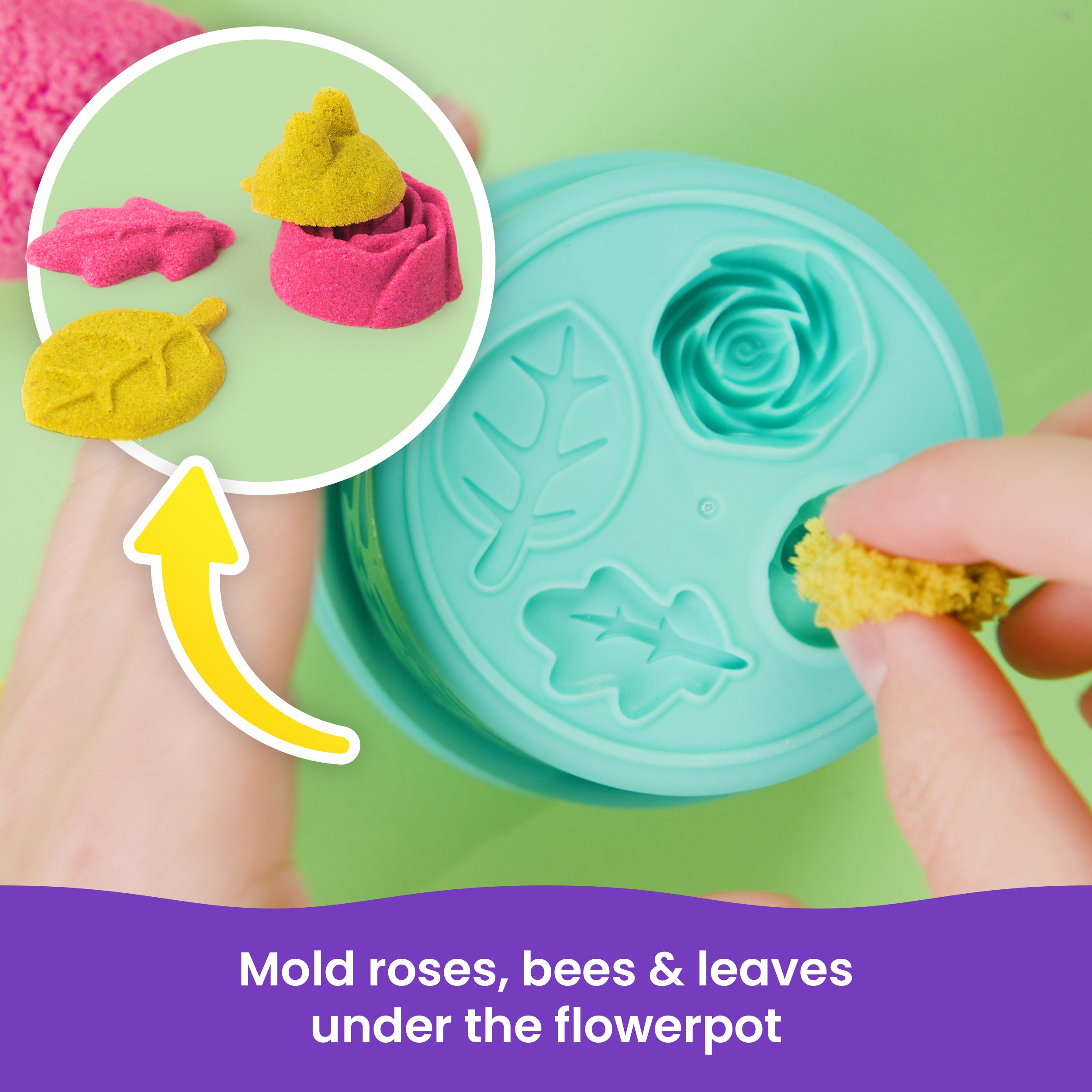 Kinetic Sand, SquishBlossom Blooming Flower with 8oz Neon Yellow & Pink Play Sand, Pot & Molds, Gifts for Mom & Kids, Arts and Crafts Sensory Toys