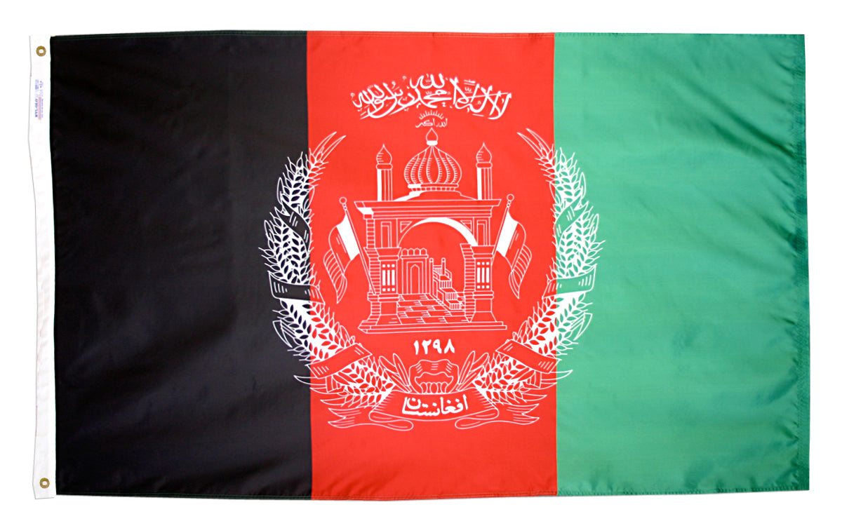 Afghanistan Flag 3x5 ft. Nylon SolarGuard Nyl-Glo 100% Made in USA to Official United Nations Design Specifications.
