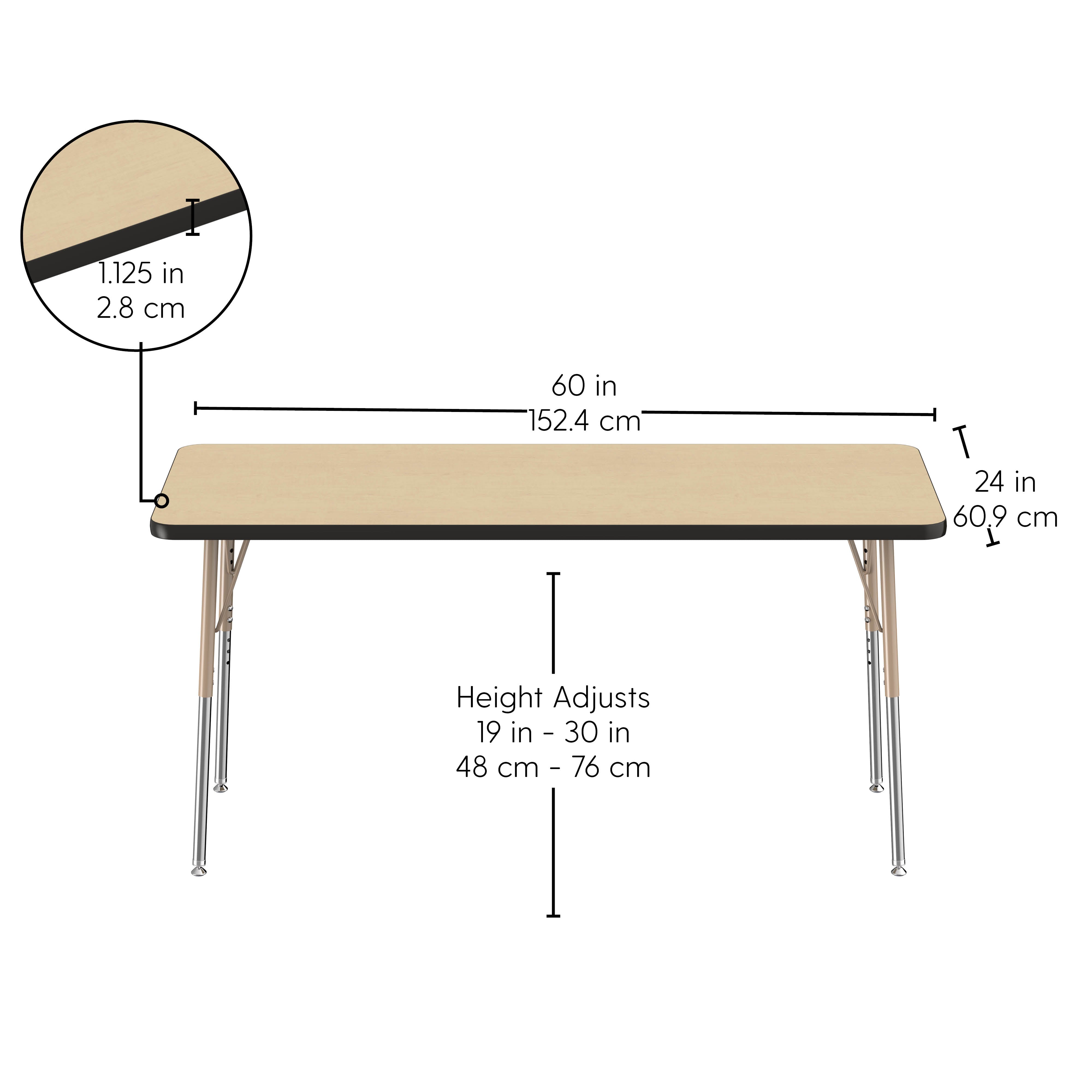 24" x 60" Rectangle T-Molding Activity Table with Adjustable Standard Swivel Glide Legs - Maple/Black/Sand