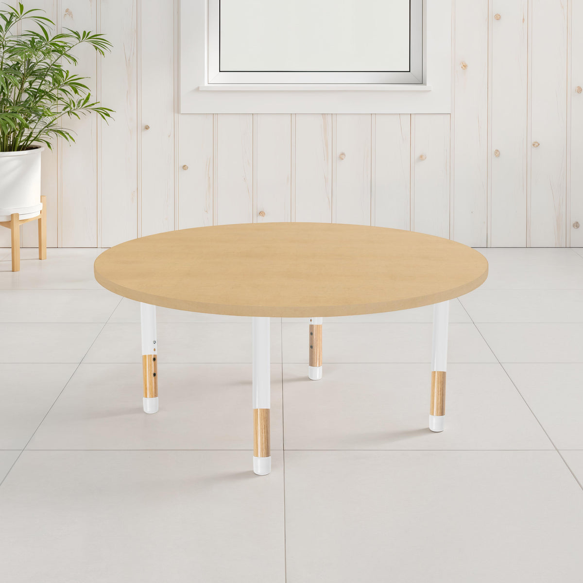 48" x 48" Round Thermofused Activity Table with Adjustable Chunky Wood Legs - Maple Grain/White/Natural