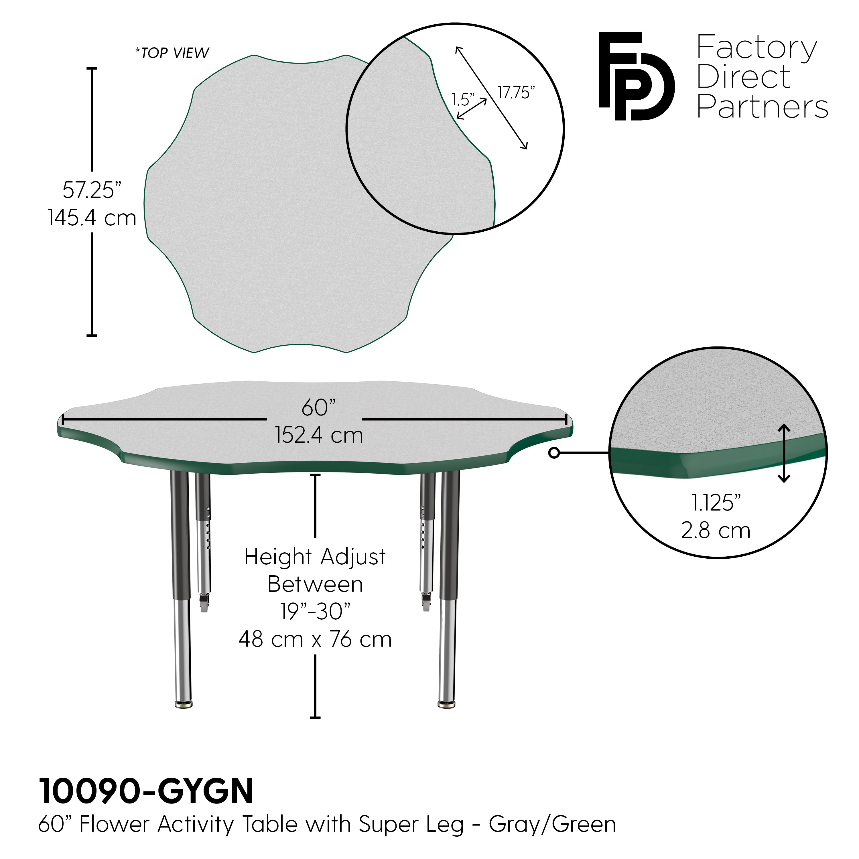 60" x 60" Flower T-Molding Activity Table with Adjustable Super Legs - Gray/Green/Black