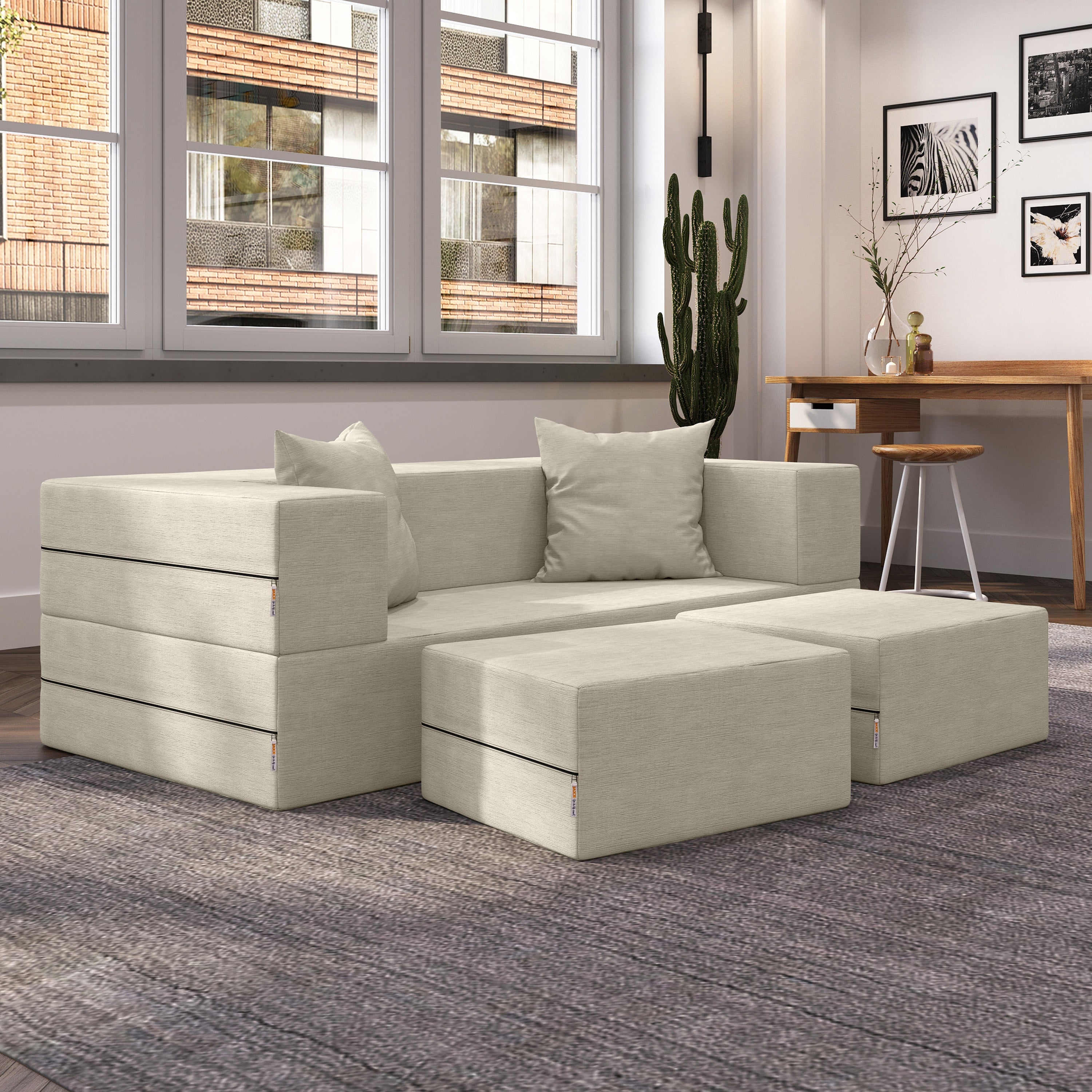 Jaxx Zipline Convertible Sleeper Loveseat & Ottomans, Textured Microvelvet - Ivory