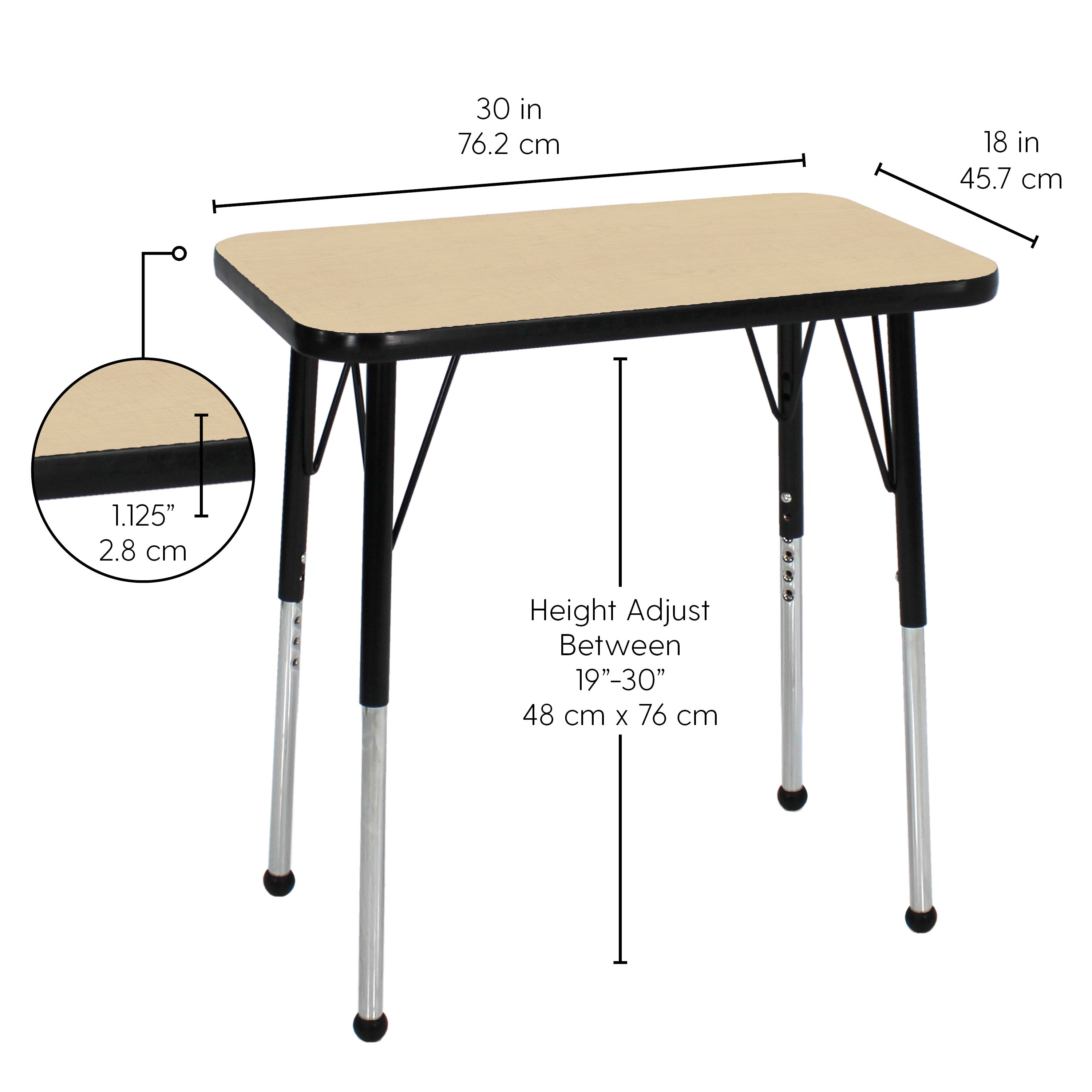 18" x 30" Rectangle T-Molding Activity Table with Adjustable Standard Ball Glide Legs - Maple/Black