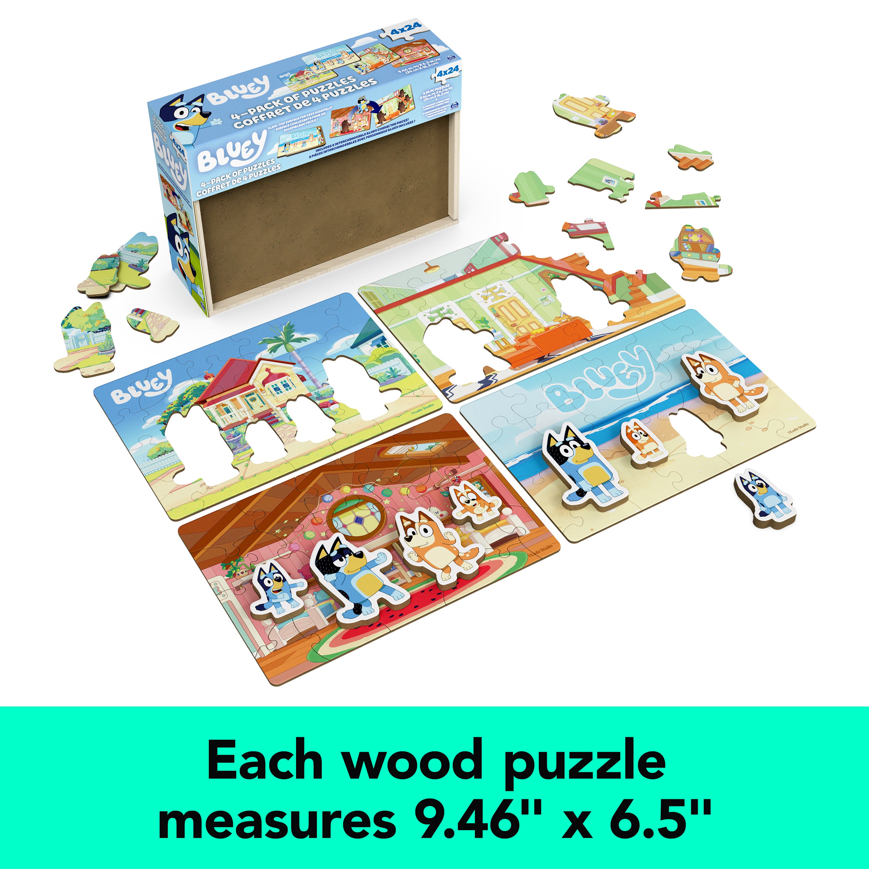 Spin Master Games, Bluey Puzzles 4-Pack, Wooden Jigsaw Puzzles for Preschoolers, 24 Pieces Each, Interchangeable Pieces, Bluey Birthday Gifts, for Kids Ages 3 & Up