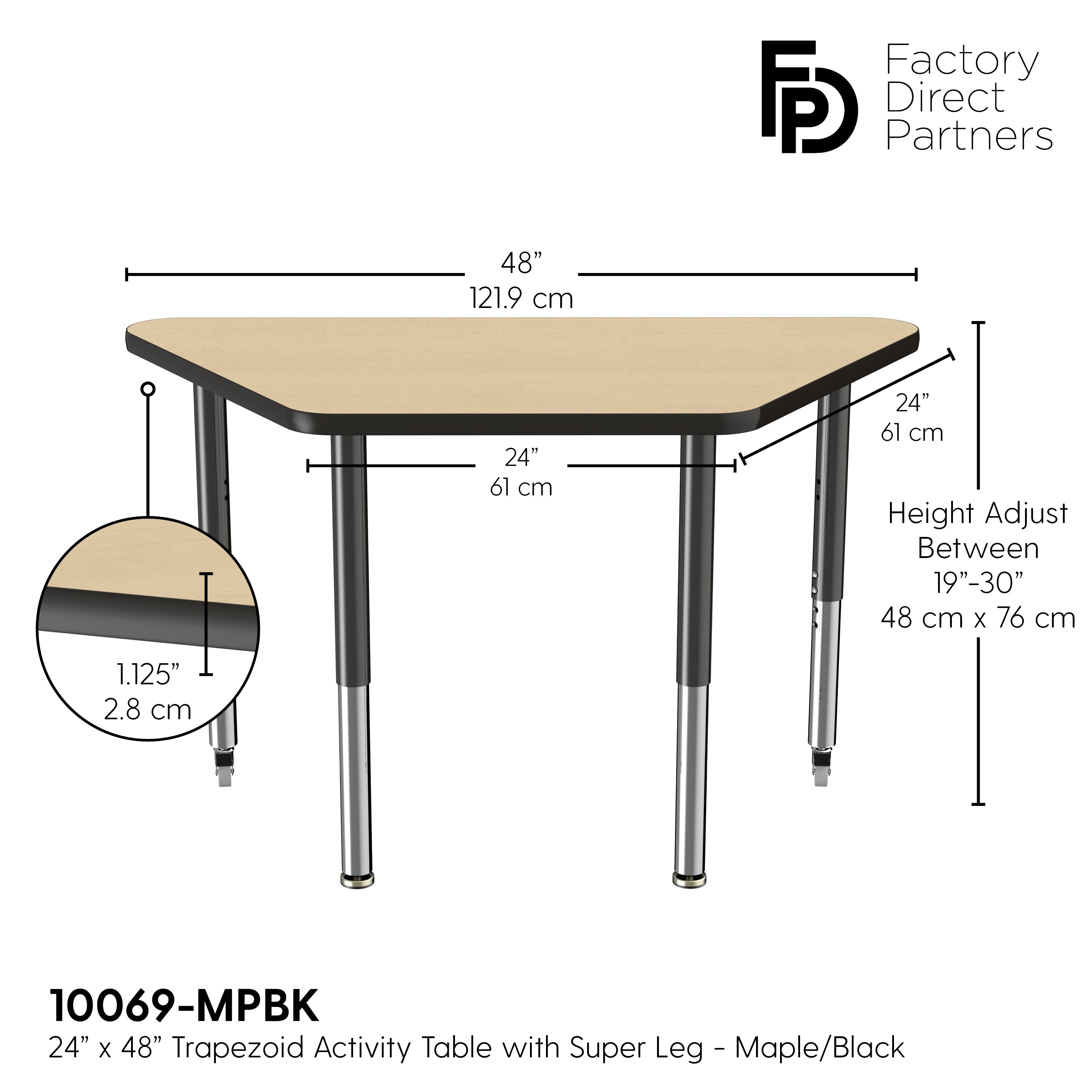 24" x 48" Trapezoid T-Molding Activity Table with Adjustable Super Legs - Maple/Black