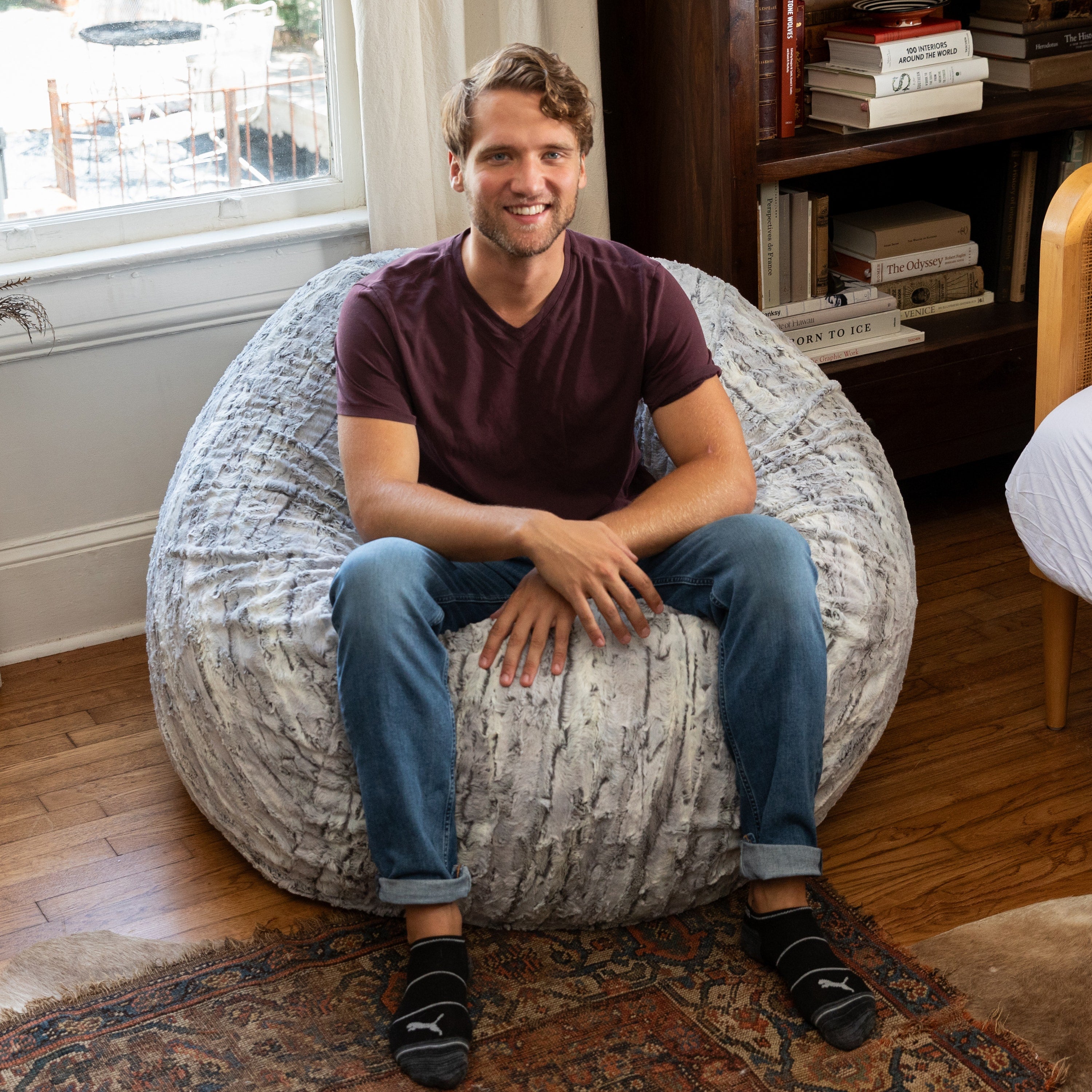 Jaxx Saxx 4 Ft Plush Round Bean Bag - Premium Luxe Faux Fur, Silver Fox