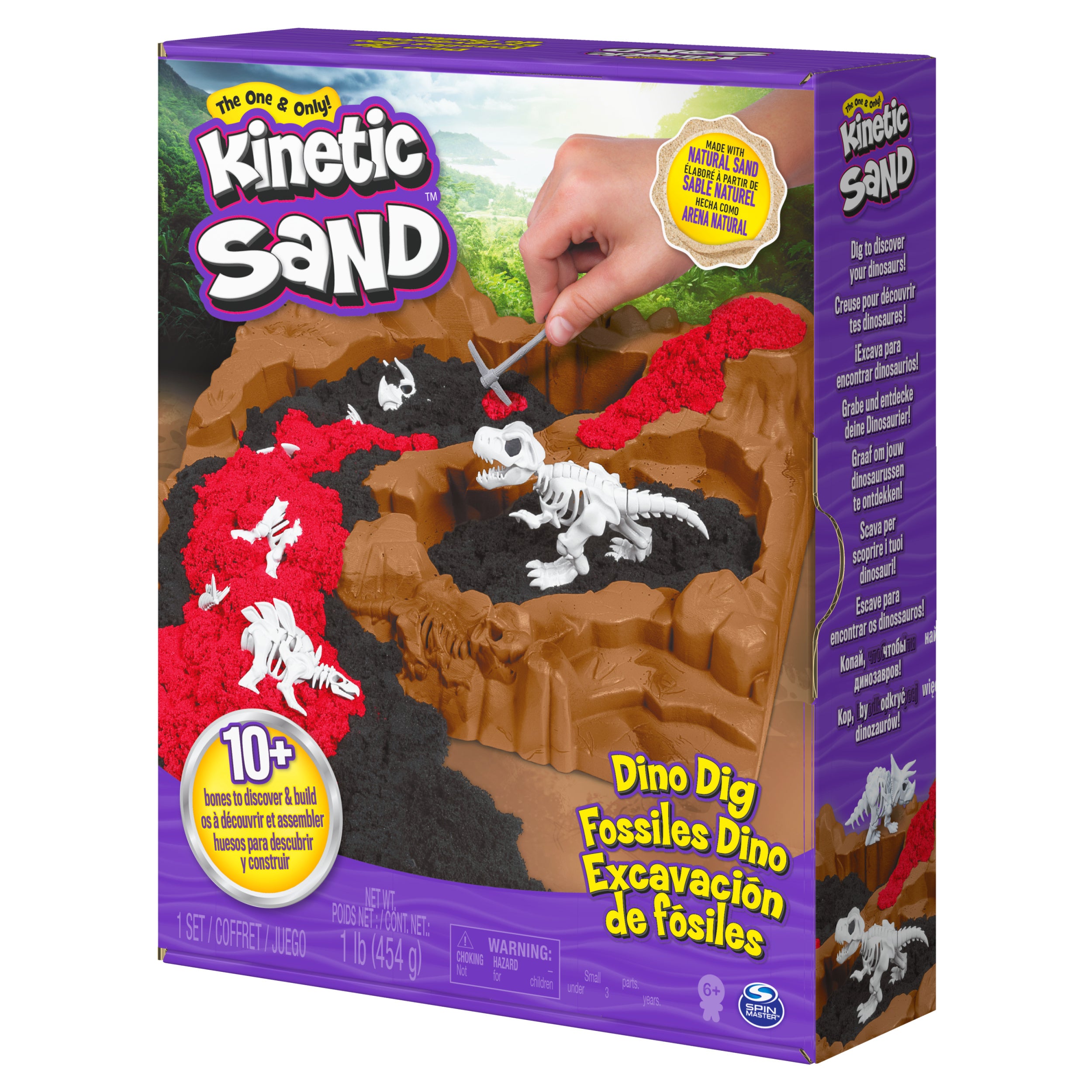 Kinetic Sand, Dino Dig Playset with 10 Hidden Dinosaur Bones, Play Sand Sensory Toys for Kids Aged 6 and up