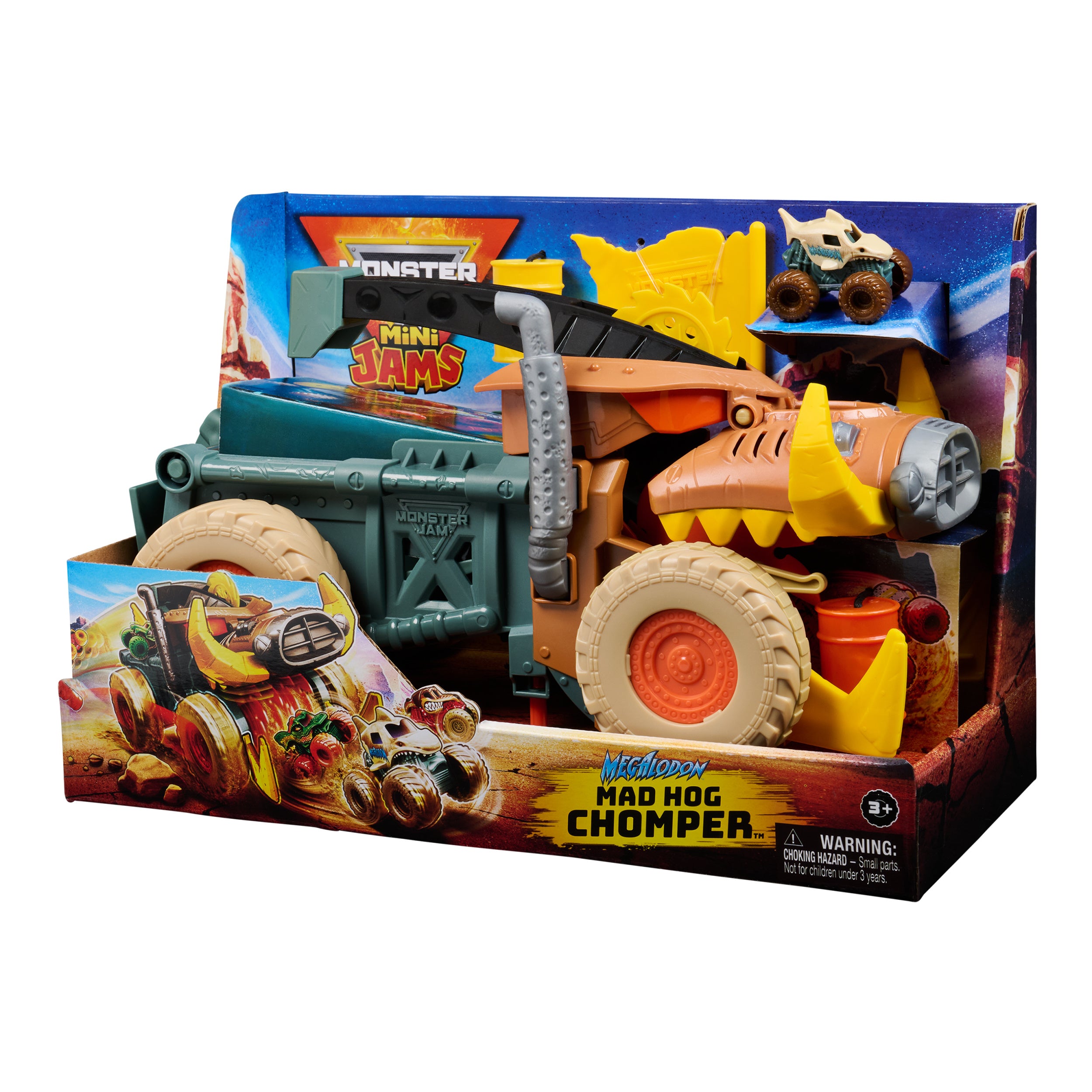 Monster Jam Mini Jam, Megalodon Mad Hog Chomper and Monster Truck, Fun Cleanup and Storage, Kids Toy Gifts for Boys and Girls Ages 3 and Up