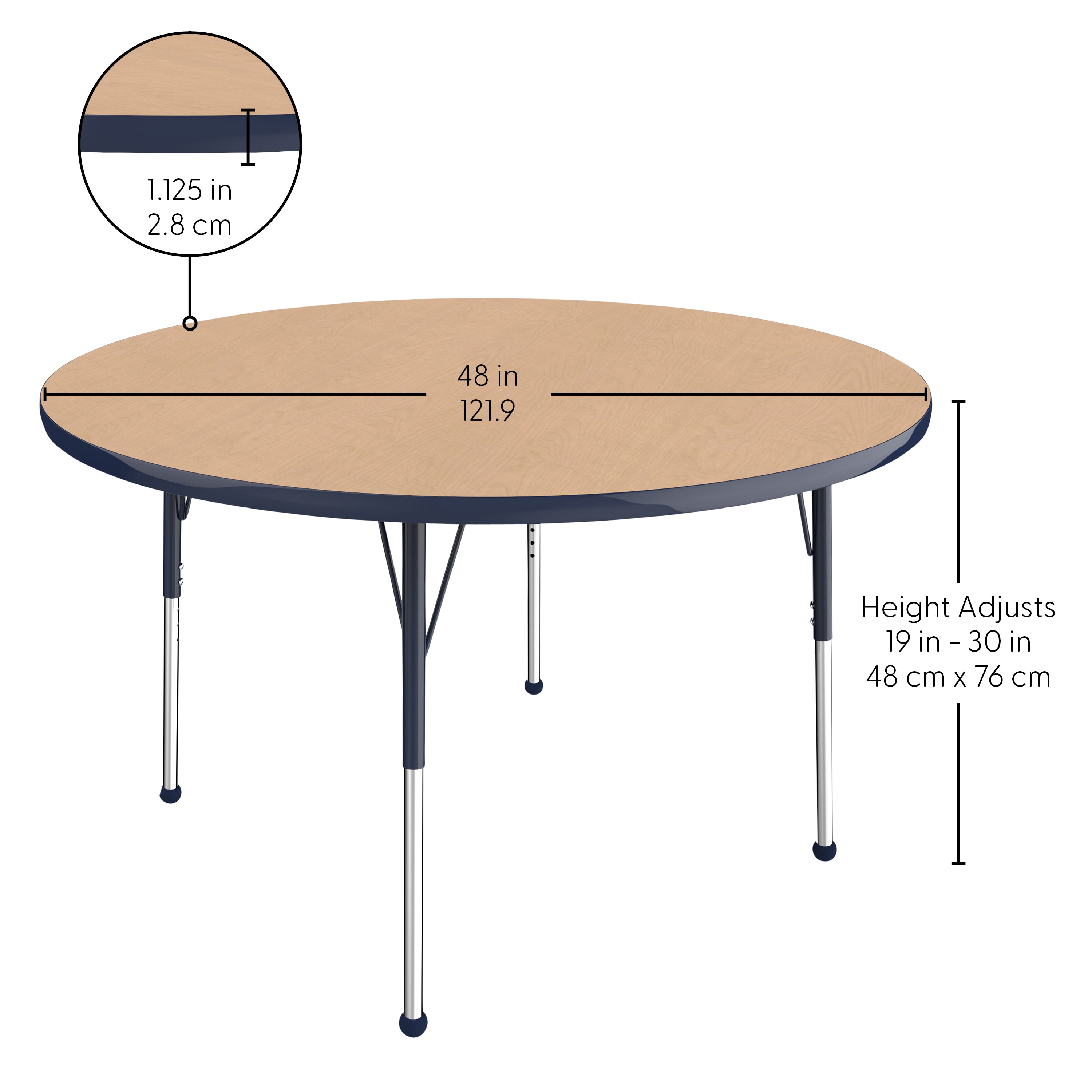 48" Round T-Molding Activity Table with Adjustable Standard Ball Glide Legs - Maple/Navy