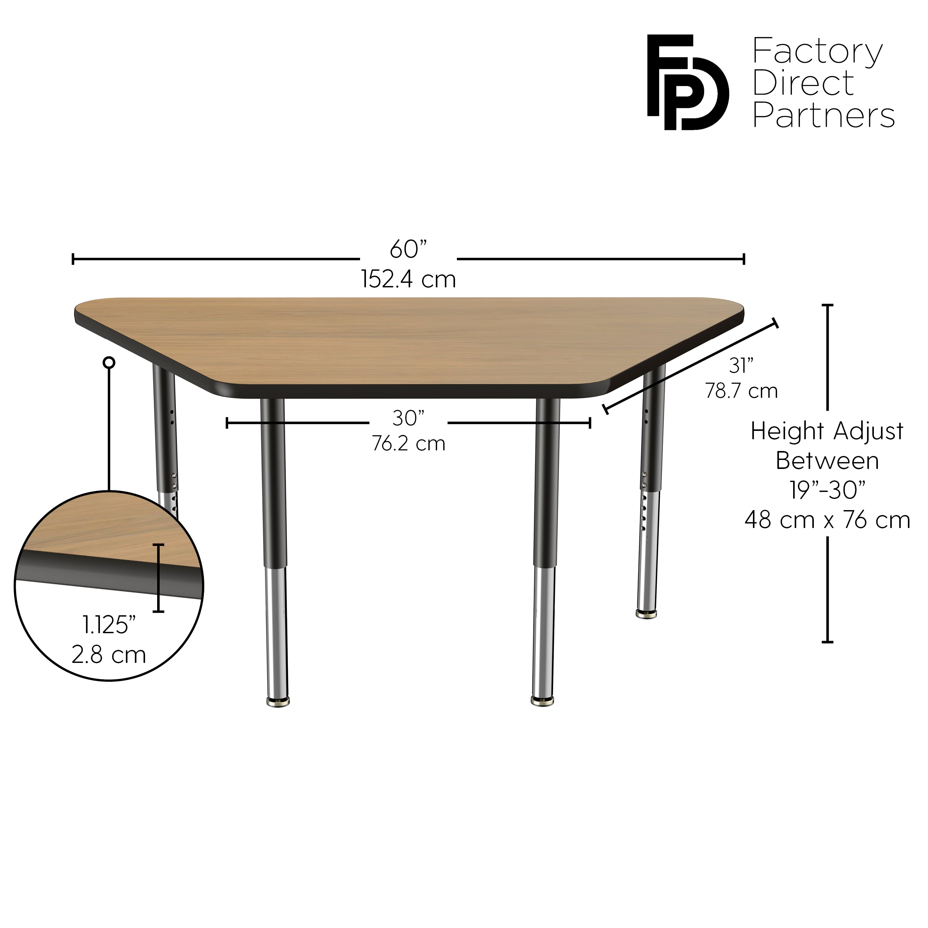 30" x 60" Trapezoid T-Molding Activity Table with Adjustable Super Legs - Pasadena Oak/Black