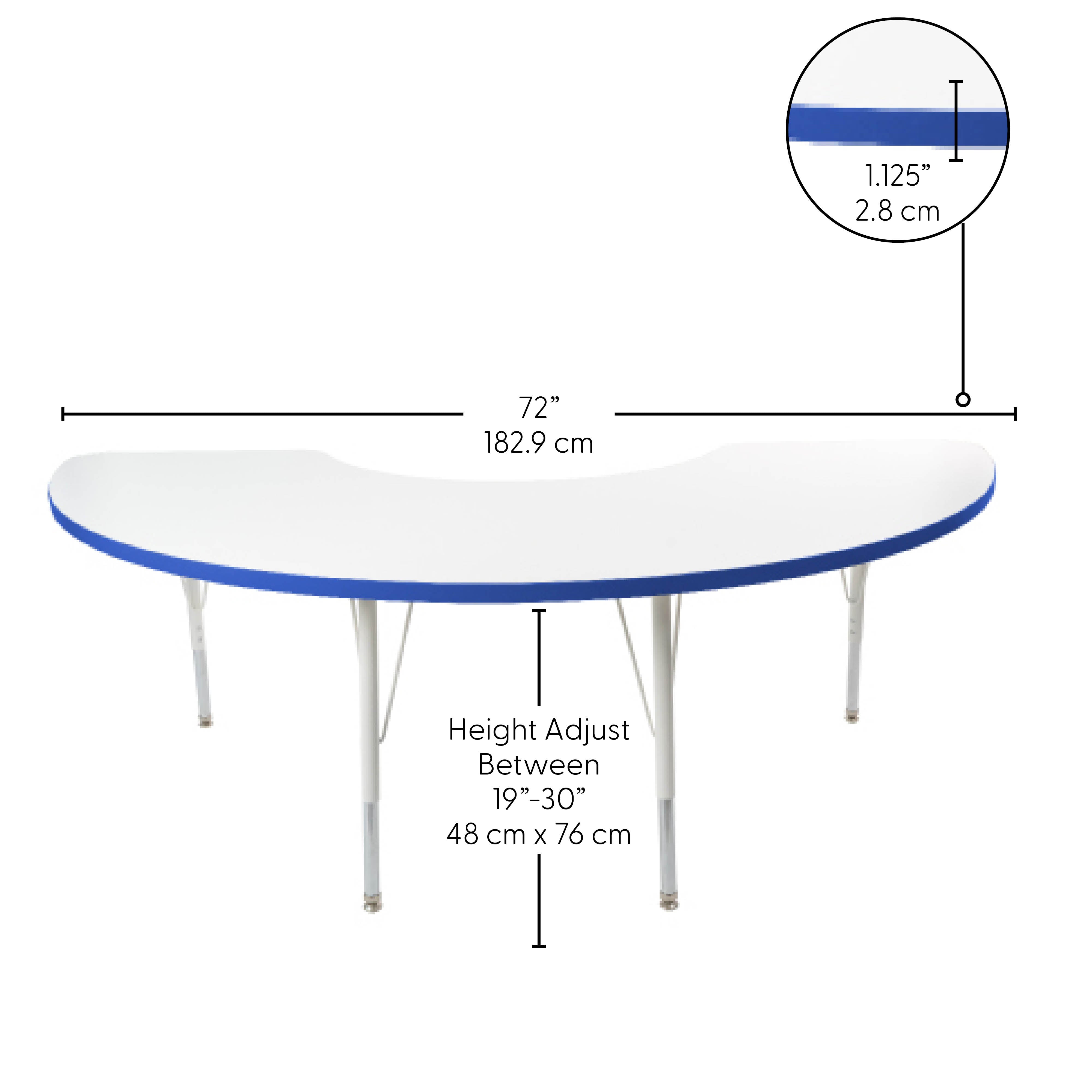 36" x 72" Half Moon Thermofused Activity Table with Adjustable Standard Swivel Glide Legs - White/Blue/White