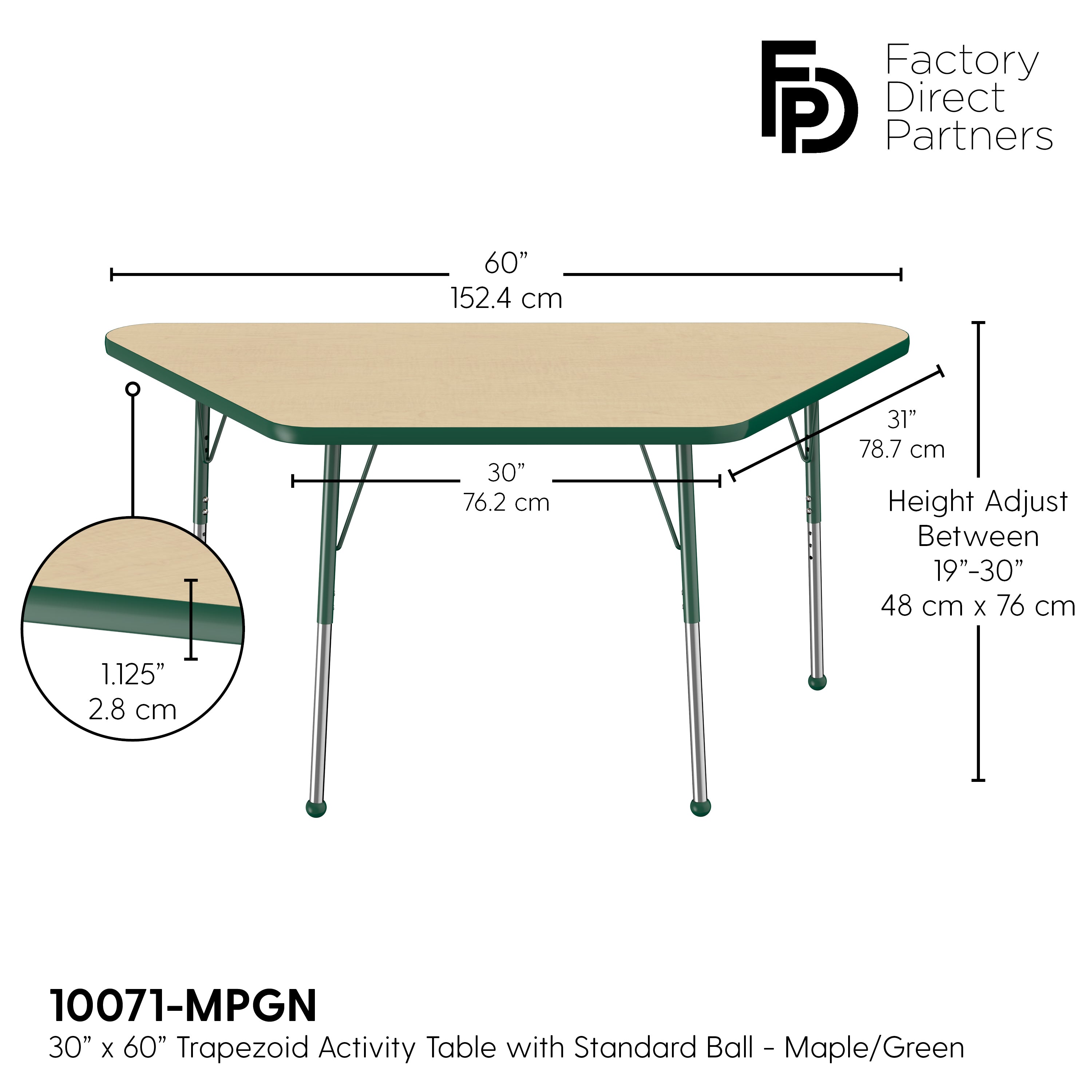 30" x 60" Trapezoid T-Molding Activity Table with Adjustable Standard Ball Glide Legs - Maple/Green
