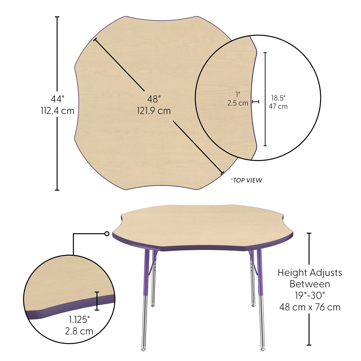 48" x 48" Clover T-Molding Activity Table with Adjustable Standard Swivel Glide Legs - Maple/Purple
