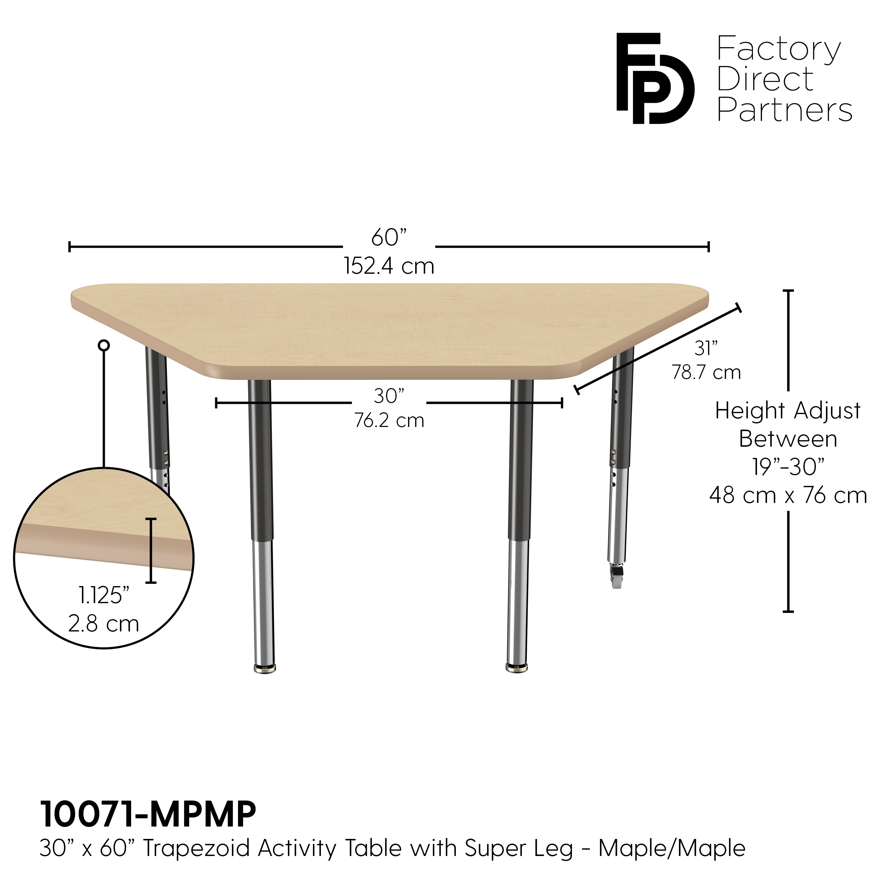 30" x 60" Trapezoid T-Molding Activity Table with Adjustable Super Legs - Maple/Maple/Black