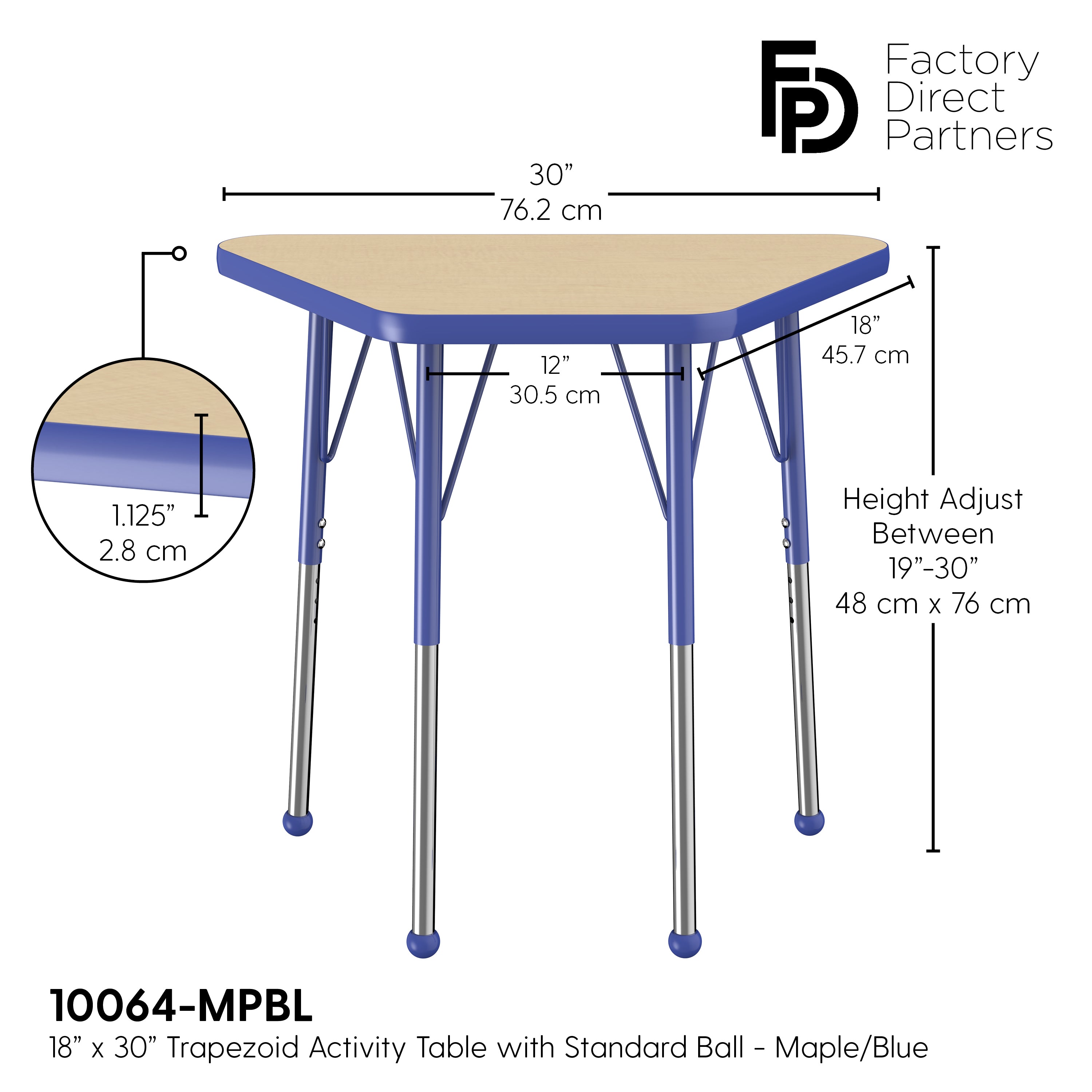 18" x 30" Trapezoid T-Molding Activity Table with Adjustable Standard Ball Glide Legs - Maple/Blue