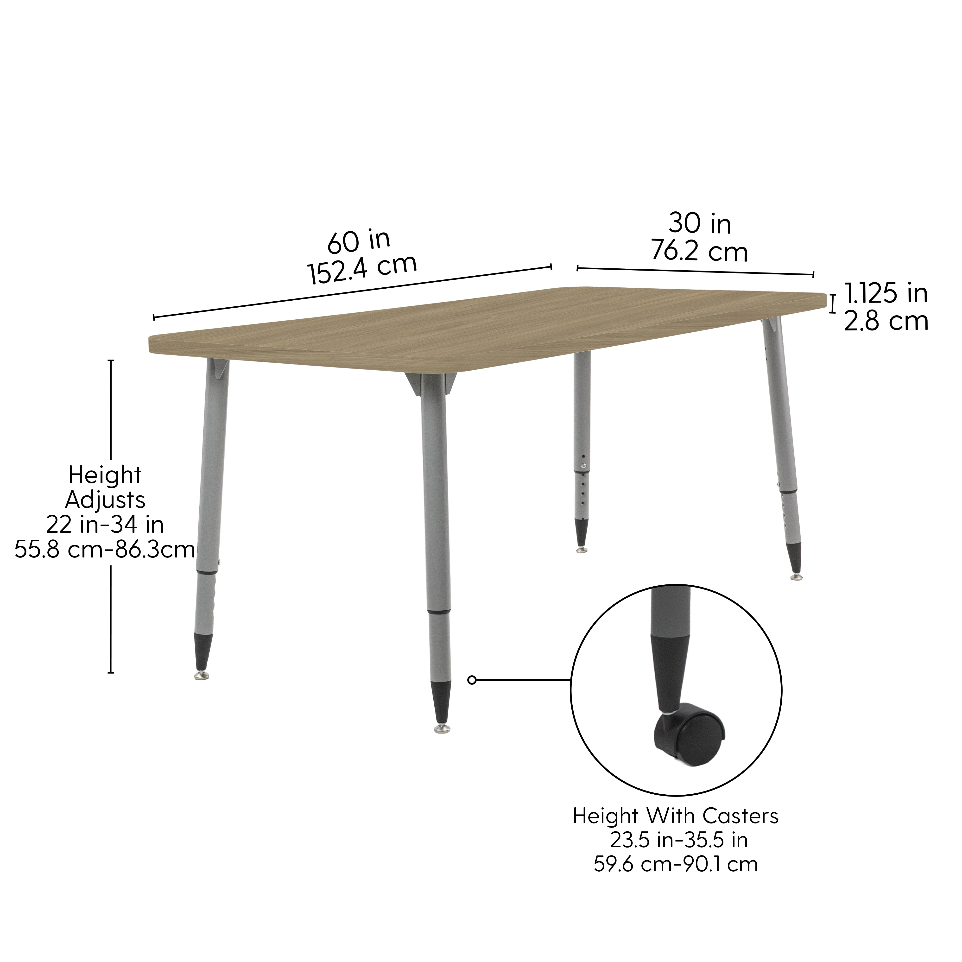 Adapte 30" x 60" Rectangle Woodgrain Activity Table with Adjustable Tapered Legs - Pasadena Oak/Silver