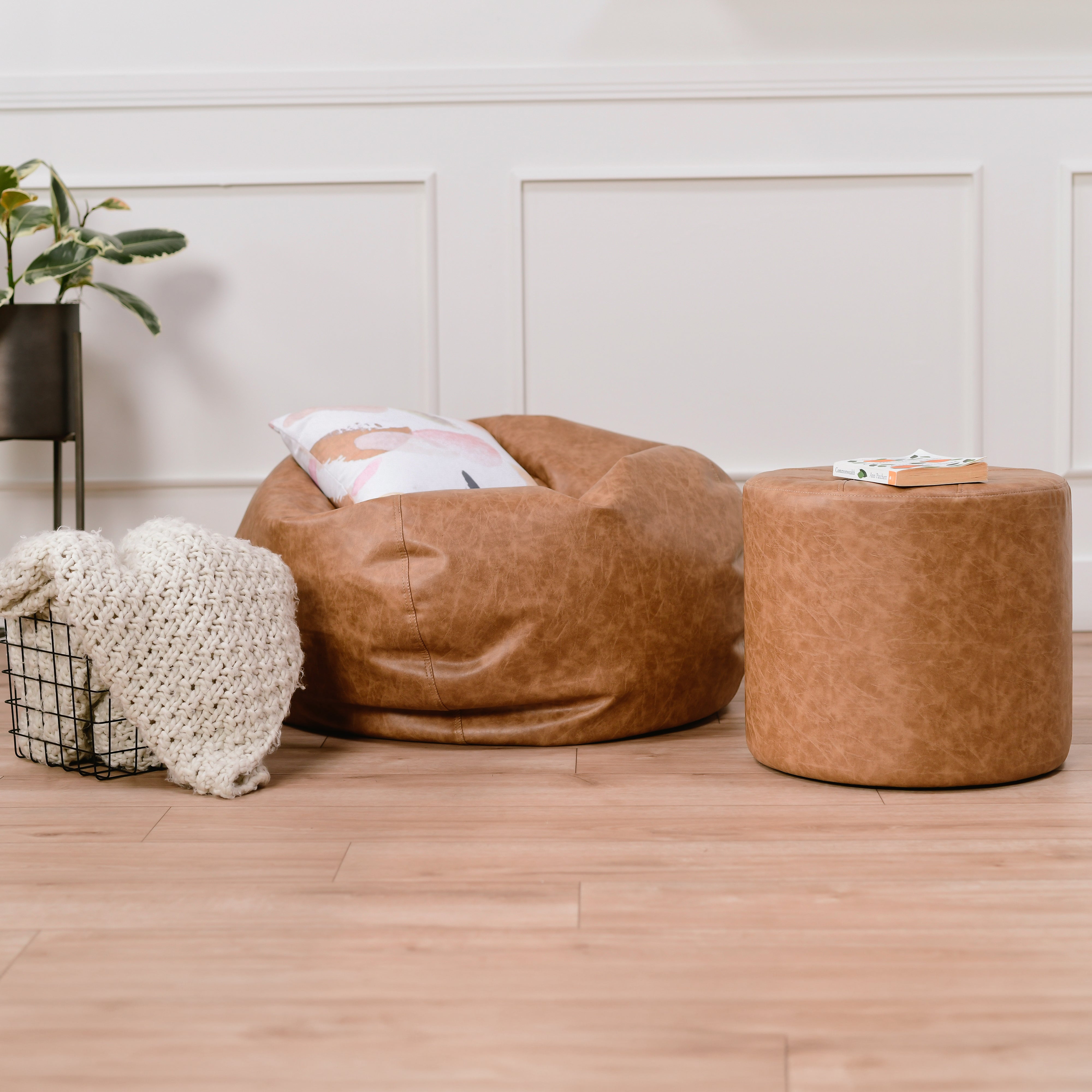 Rustic Tufted Round Ottoman 16" Height - Pecan