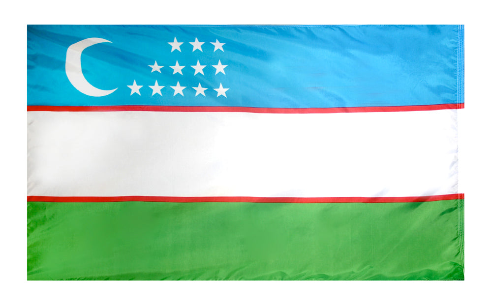 Uzbekistan Flag 5x8 ft. Nylon SolarGuard Nyl-Glo 100% Made in USA to Official United Nations Design Specifications.