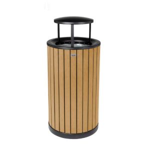 Round, 32-gallon Outdoor Trash Container With Slatted Recycled Plastic Panels - Cedar