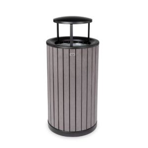 Round, 32-gallon Outdoor Trash Container With Slatted Recycled Plastic Panels - Grey