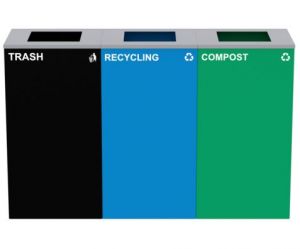 Alpine Industries 87 Gal. 3-stream Black Steel Square Open Top Trash Can Compost And Blue Recycling Station