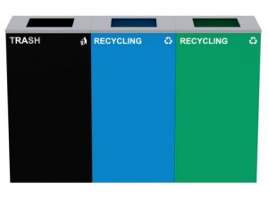 Alpine Industries 87 Gal. 3-stream Steel Blue Green Recycling Bin And Black Trash Can Waste Station With Square Slot Lids