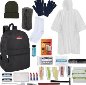 Warm Essential 34-Piece Homeless Care Hygiene Kit with Backpack, Poncho, Socks, Pack of 12
