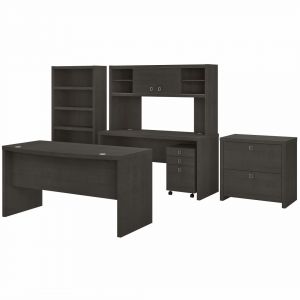 Echo 60w Bow Front Desk With Credenza, Hutch And Storage In Charcoal Maple