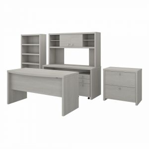 Echo 60w Bow Front Desk With Credenza, Hutch And Storage In Gray Sand/gray Sand